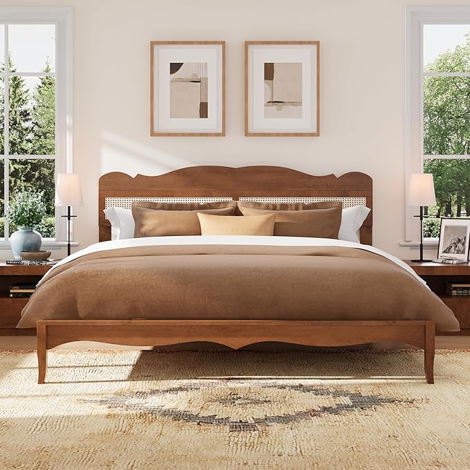 MFSTUDIO Queen Wood Bed Frame with Headboard, Rattan Bed Frames Solid Wooden Platform Bedframe Mid Century,No Box Spring Needed,Sturdy Natural Finish Classic Noise Free