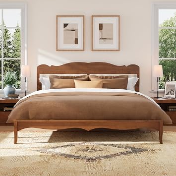 MFSTUDIO King Size Wood Bed Frame with Adjustable Rattan Headboard | Solid Wood Bed Frames with Rattan Headboard, King Size Platform Bed Frame, Vintage Wood Bed Frame No Box Spring