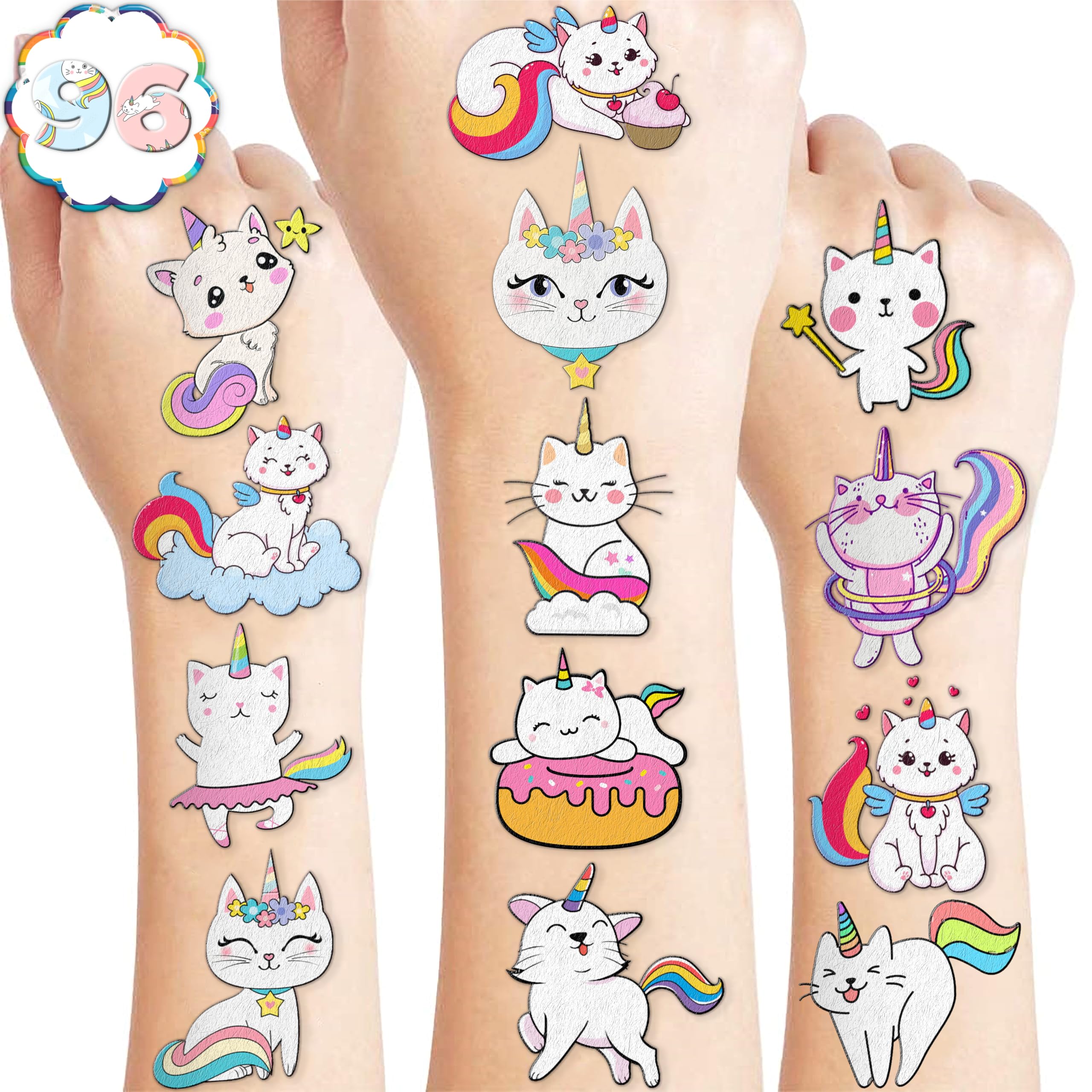 96 PCS Caticorn Cat Pre-Cut Temporary Tattoos Themed Birthday Party Supplies Decorations Favors Decor Funny Cute Cartoon Rainbow Meowgical Tattoo