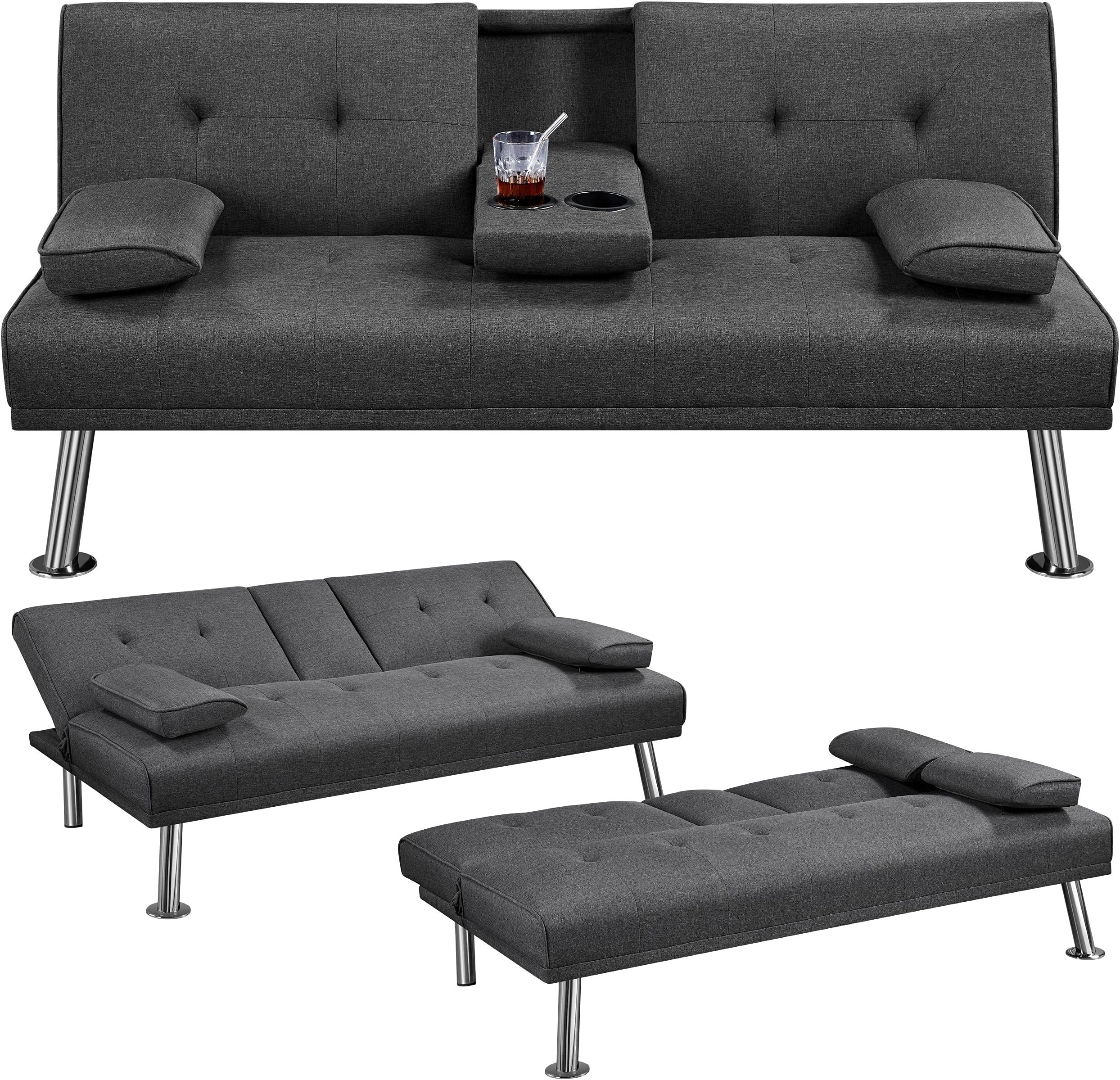 Yaheetech Sofa Bed Fabric Click Clack Sofa Bed with 2 Cup Holders, Convertible Futon Settee, Futon Recliner Lounge for Living Room, Spare Room, Bedroom, Dark Gray