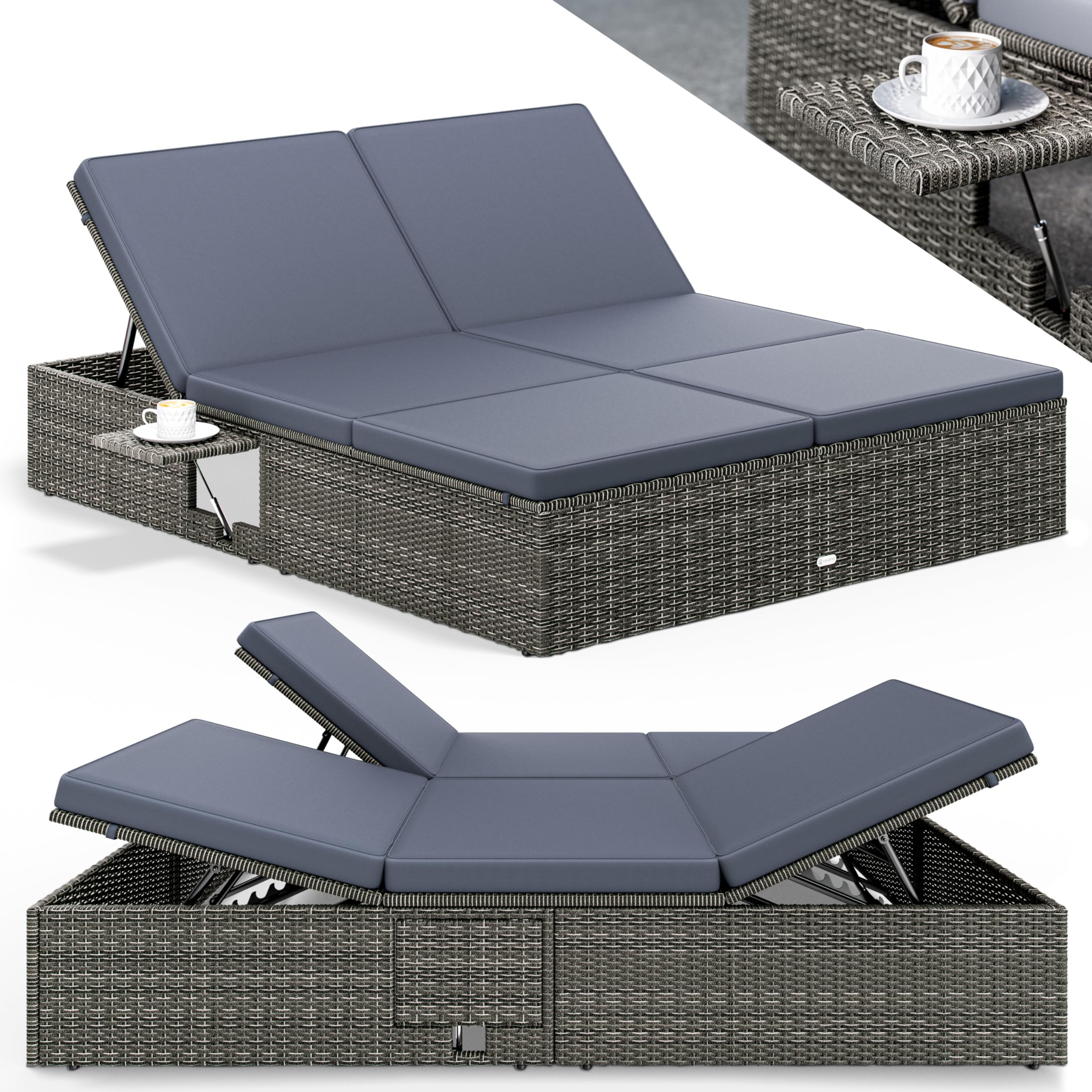 CASARIA® Tumbona Doble Jardín 200x160cm 2 Mesas Plegable Cojín Poliratán Resistente Intemperie 7 Posiciones Gris Antracita