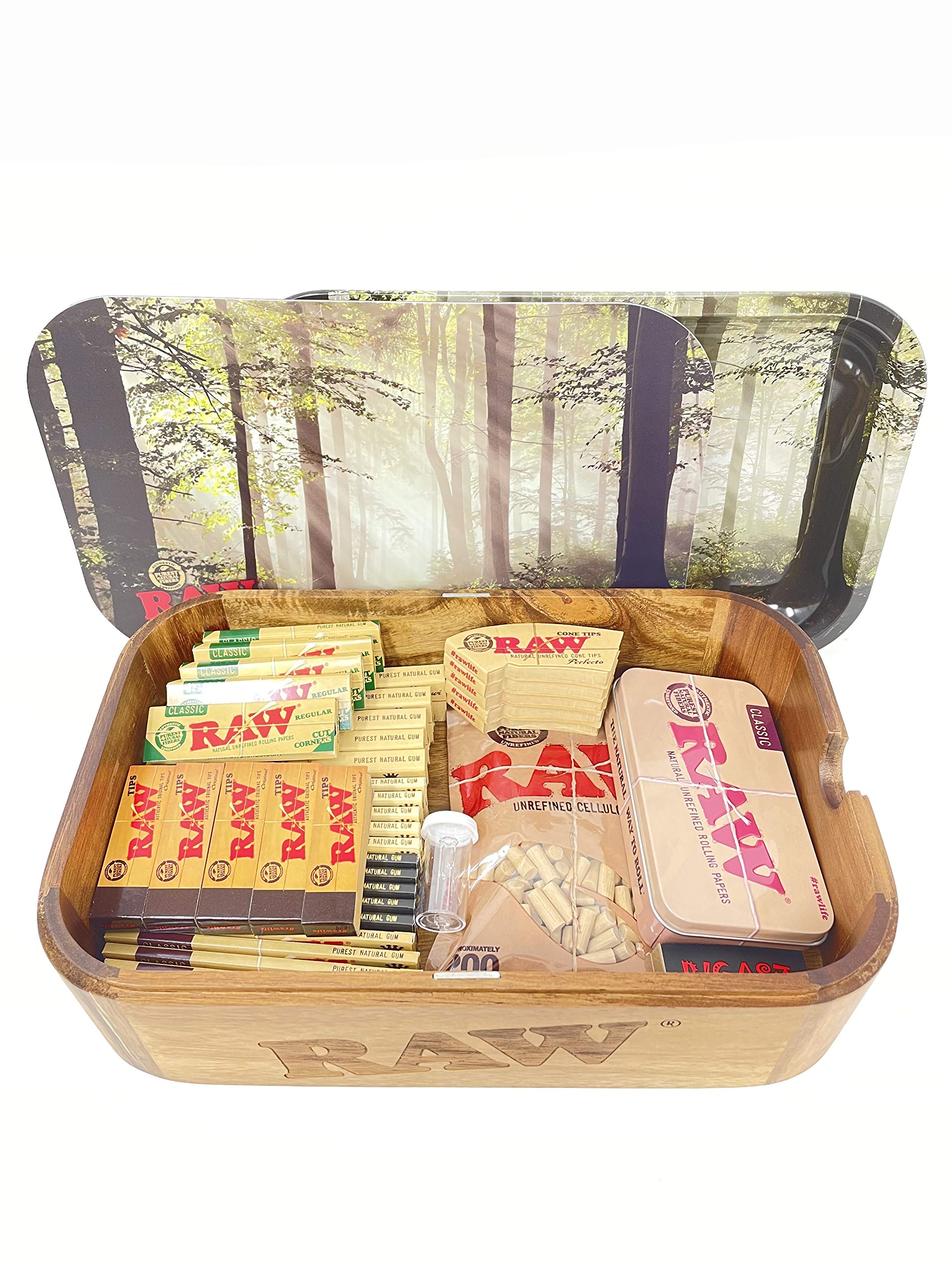Reds Exclusive Tips RAW Wooden Cache Box Set with Tray and Magnetic Cover - Forest Version