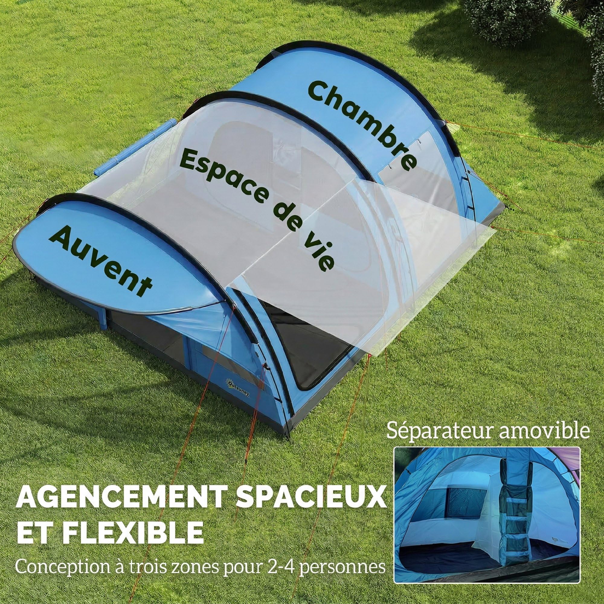 Outsunny Grande Tente Tunnel Camping 4 Personnes 3-4 Saisons Bleu Gris | Hauteur d'Homme 2 m, Séjour XL 3,7 m, Imperméable 3000mm, Tapis De Sol Cousu, 4 Portes, 6 Fenêtres