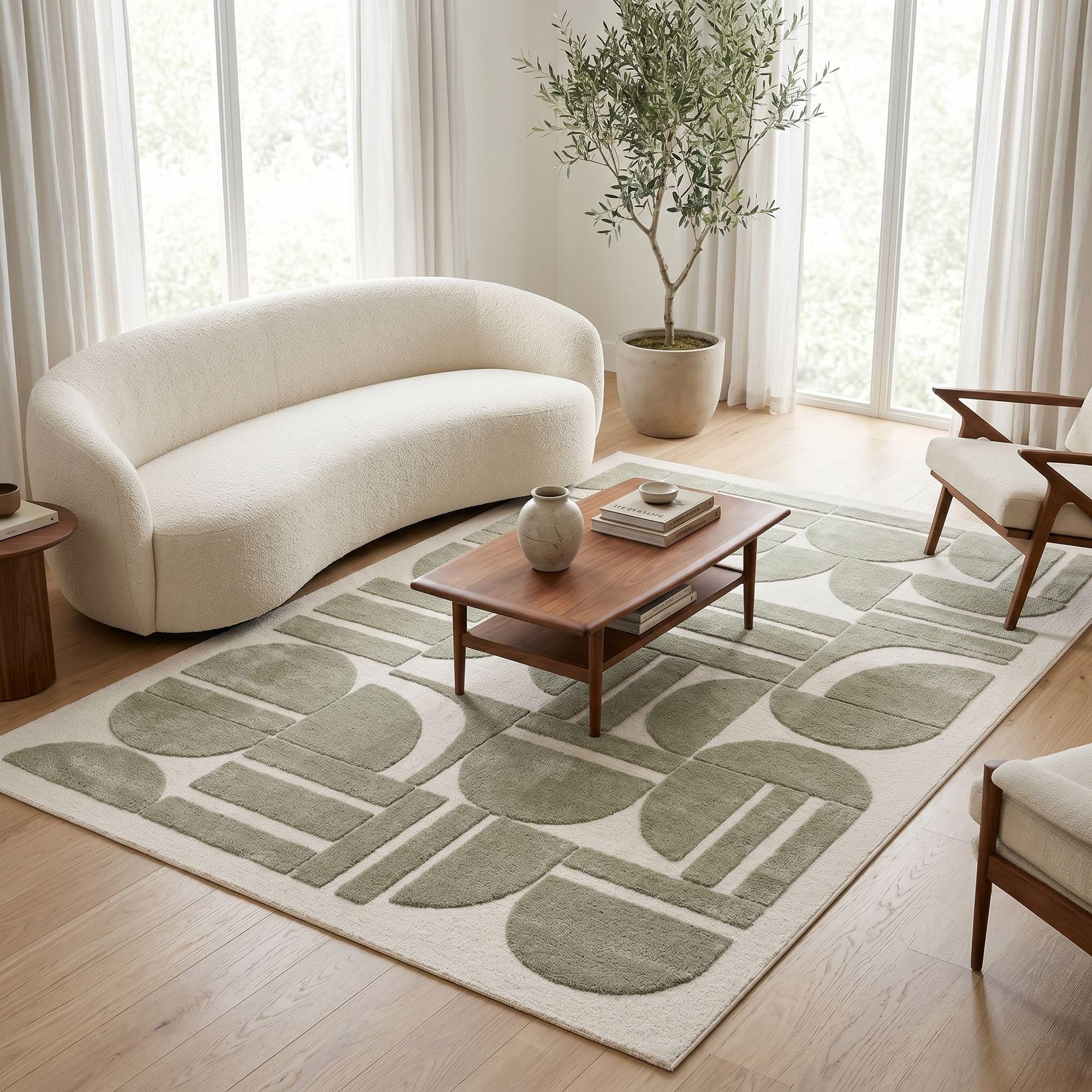 Pergamon Designer Hochflor Teppich Nosy Grün Creme – weicher Shaggy Teppich mit modernem geometrischem Muster für Wohnzimmer & Schlafzimmer