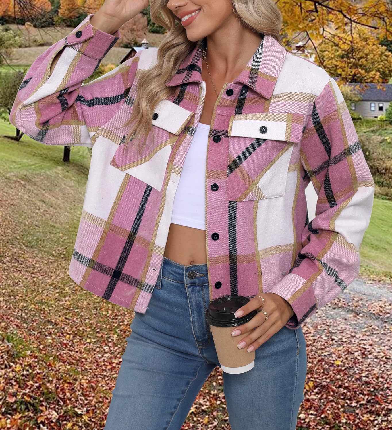 Womens Cropped Flannel Shacket Plaid Button Down Shirts Jackets Long Sleeve Coat Tops Fall Clothes Fashion Outfits - Image 3