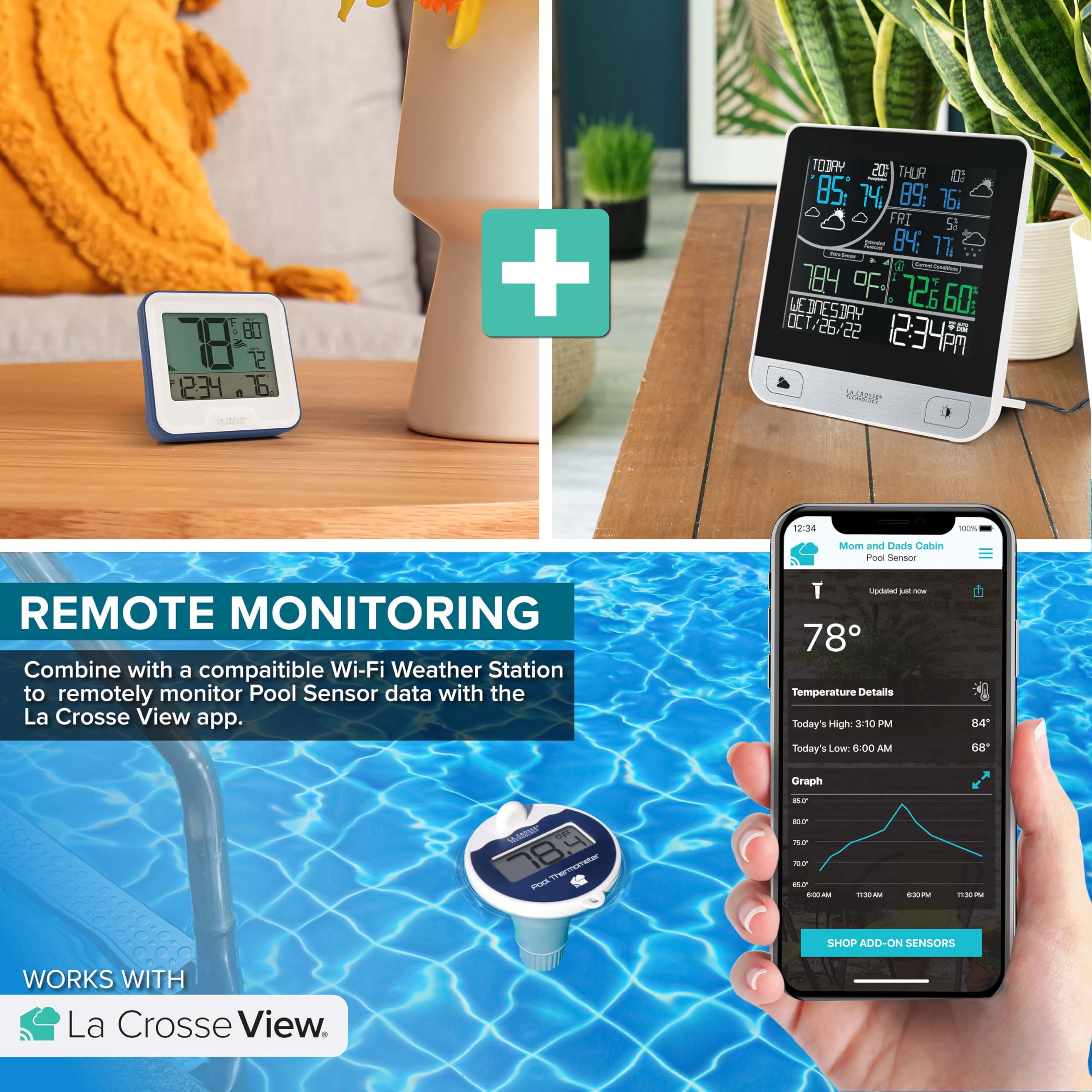 La Crosse Technology 331-09667-INT Thermomètre de piscine sans fil avec écran LCD intérieur, blanc