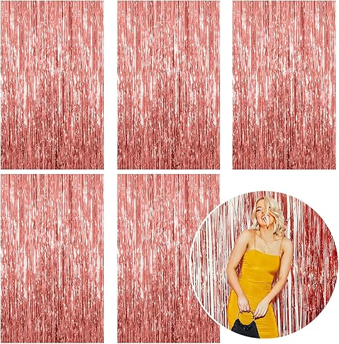 Paquete de 5 Cortinas de Fondo de Papel Aluminio Oro Rosa Metálico Cortinas de Flecos de Oropel Accesorios para Cabina de Fotos para Cumpleaños Boda