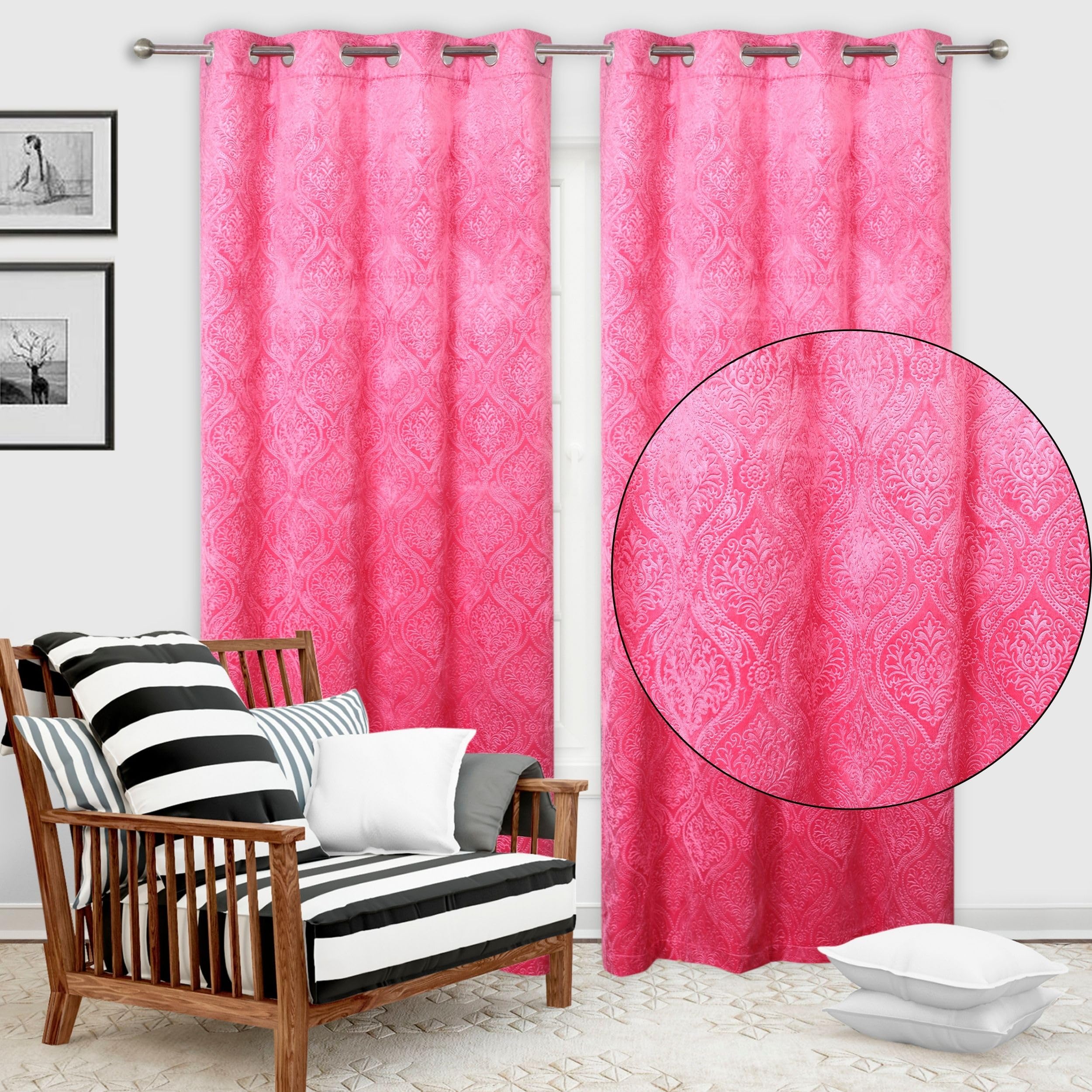 GRIHSHOBHA Heavy Velvet Embossed Room Darkening Door Room Darkening Thermal Insulated Window Door Curtains Parde for Bedroom, Living Room, 9 Feet, Pink, Set of 2 (B09P8W7B6L) Amazon Price History, Amazon Price Tracker