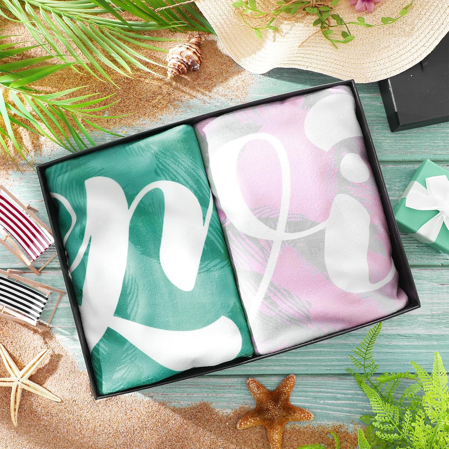 Redbaker 2 Pcs Mr and Mrs Beach Towels Wedding Beach Towels for Bride and Groom 60 x 30 Hubby and Wife Towel Honeymoon Newlywed Couple Towel Wedding Gift(Green Pink Series)