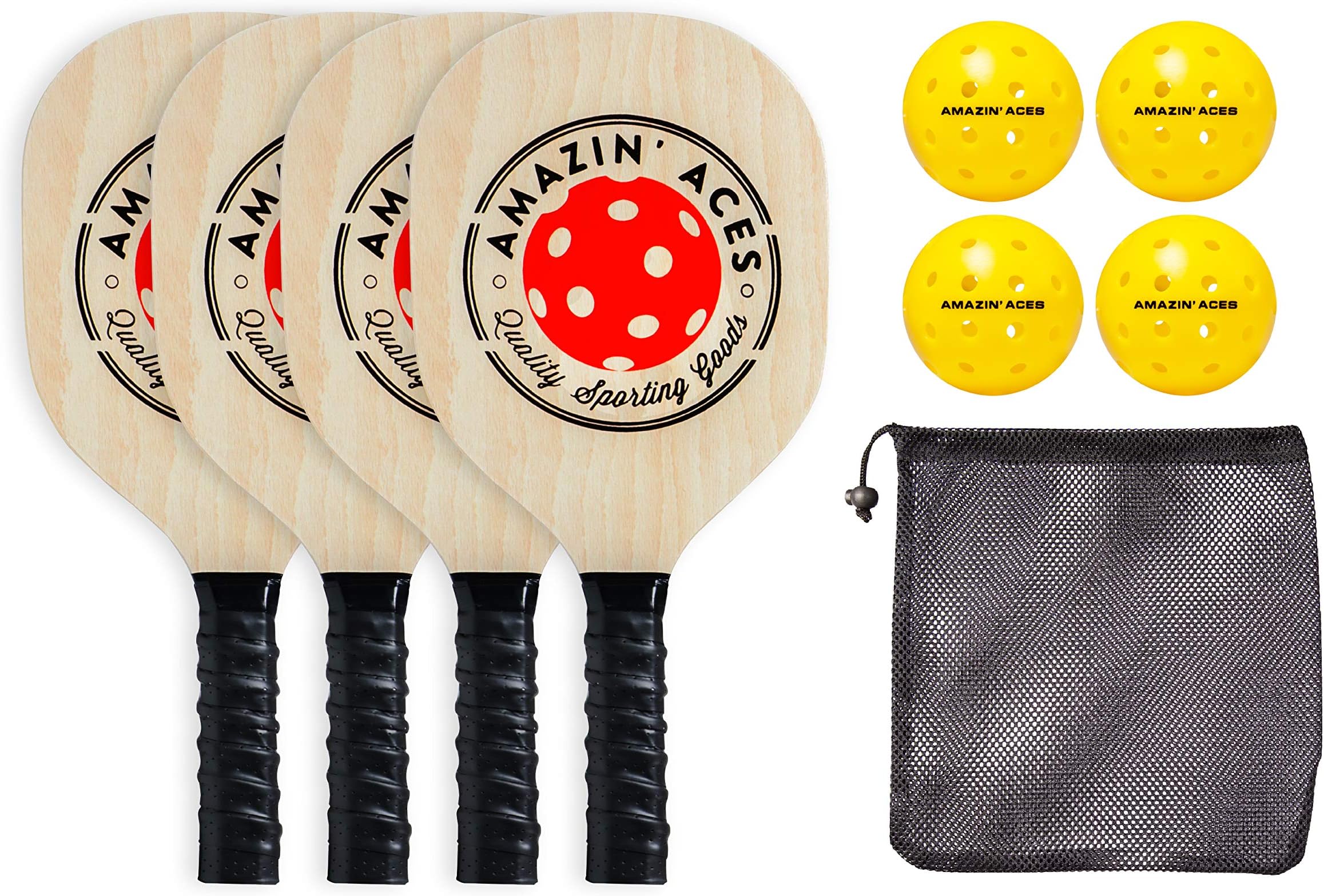 Amazin' Aces Pickleball Wood Paddles Set of 4 or 2 - Wood Pickleball Rackets for All Levels, includes 4 Wooden Pickleball Paddles with Comfy Cushion Grip, 4 Pickleball Balls, and 1 Pickleball Bag