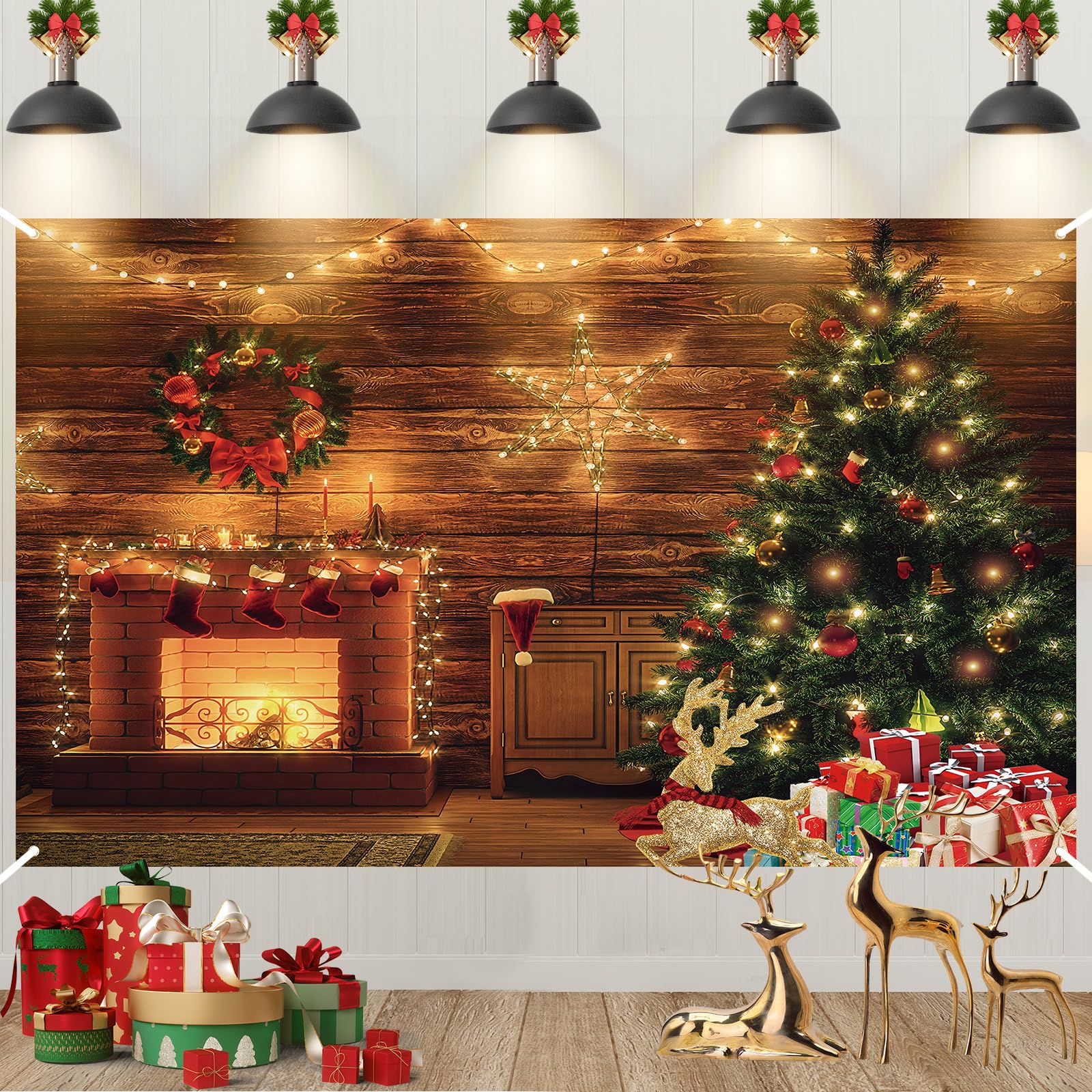 Merry Christmas Backdrop Banner - Large Tree Gifts Photo Booth Sign Background Fabric - Xmas Fireplace Theme Hanging Banner for Indoor Outdoor New Year Party Decorations Supplies