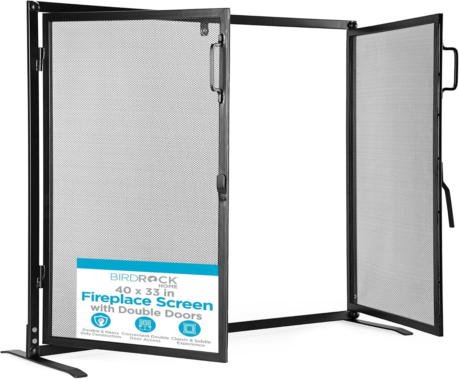 (Similar to) BIRDROCK HOME Fireplace Screen with Double Doors - Heavy Duty Iron Mesh, Welded for Durability, Elegant & Secure Fireplace Cover, Easy Assembly - 40 x 33 in, Black