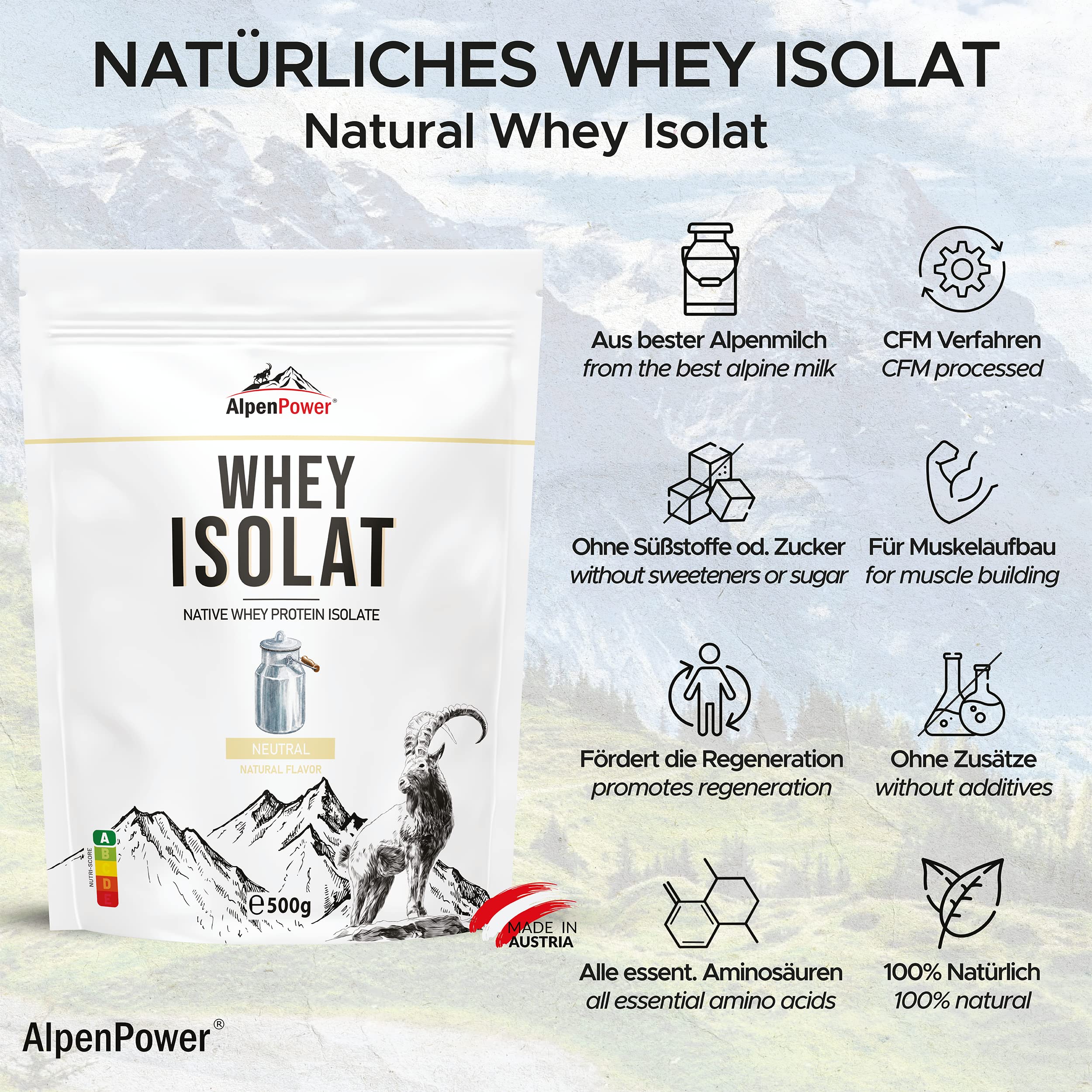 AlpenPower Proteína en polvo natural aislado de suero de leche, 1 kg, ingredientes 100% naturales, sin edulcorantes, alimentación de hierba, proteína en polvo de alta calidad de la mejor leche alpina