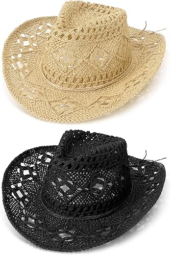 Didaey 2 sombreros de vaquero de paja tejida para mujer, sombrero de vaquera de ala ancha, sombrero de vaquero occidental, para hombres y mujeres,