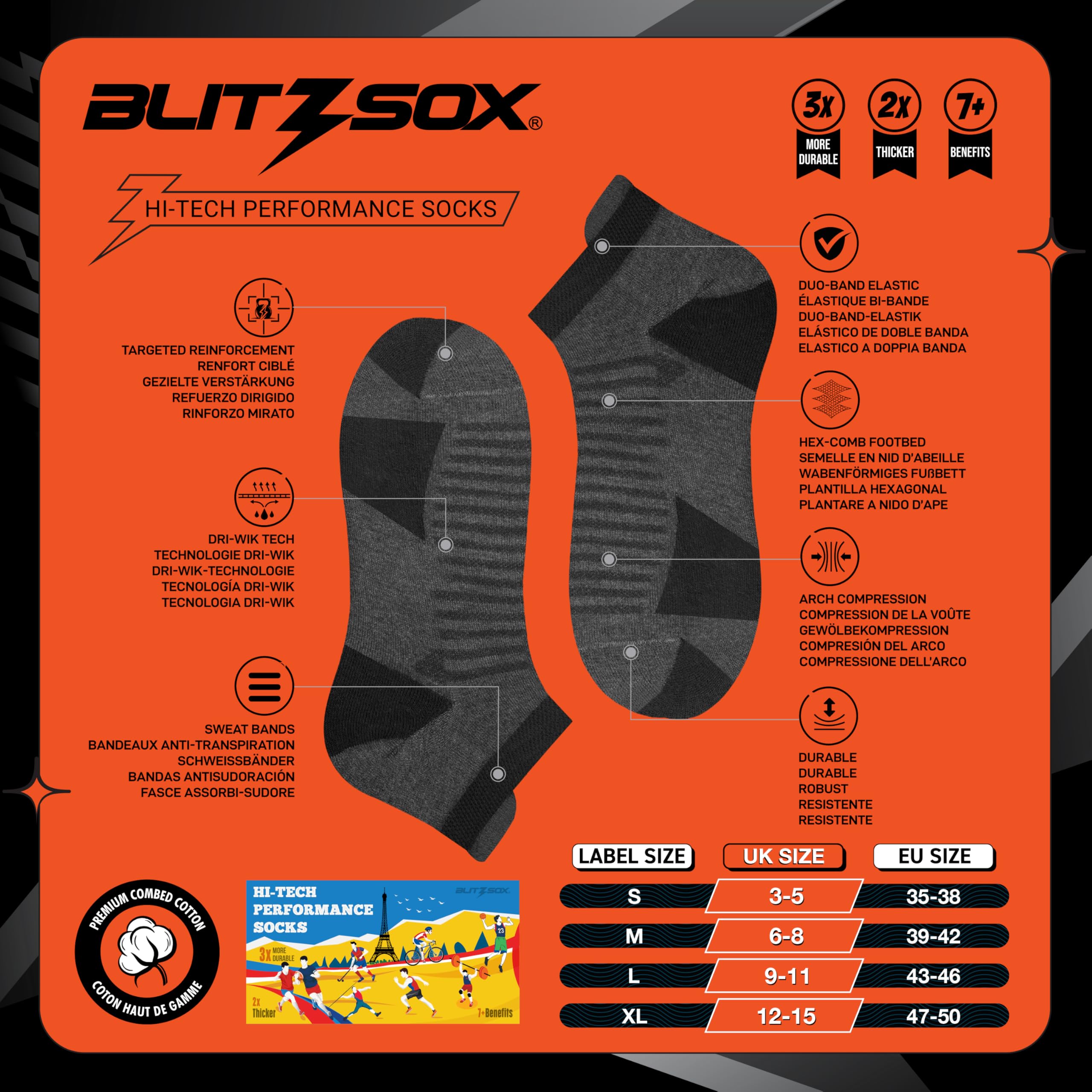 BLITZSOX Calzini Sportivi Uomo da Corsa Imbottiti Traspiranti Cotone Calzini Corti, Confezione da 6