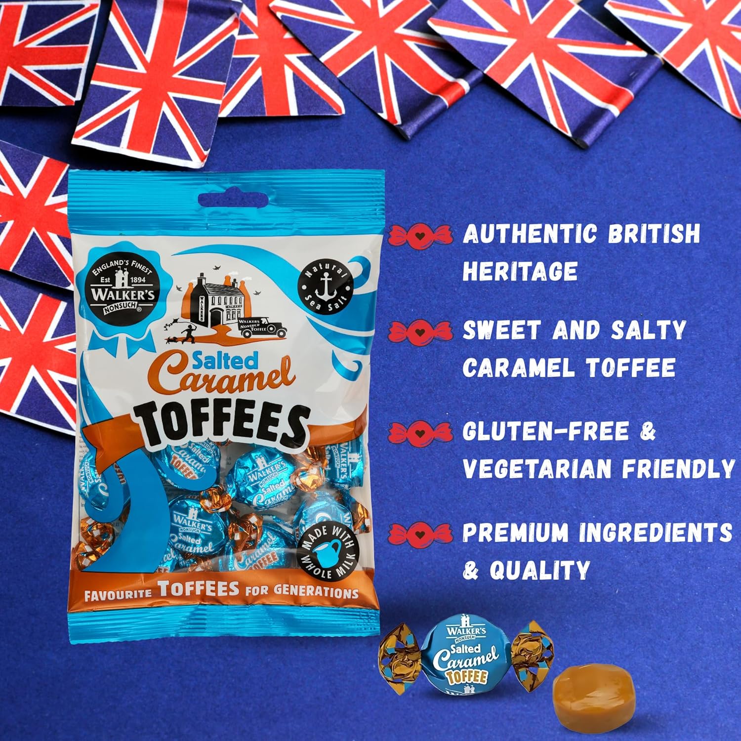 Walkers Nonsuch Salted Caramel Toffees Bag 5.29 Oz (Pack of 12) - British Chewy Butter Toffee Candy, Individually Wrapped with Anglesey Sea Salt, Imported from UK, Traditional English Sweets