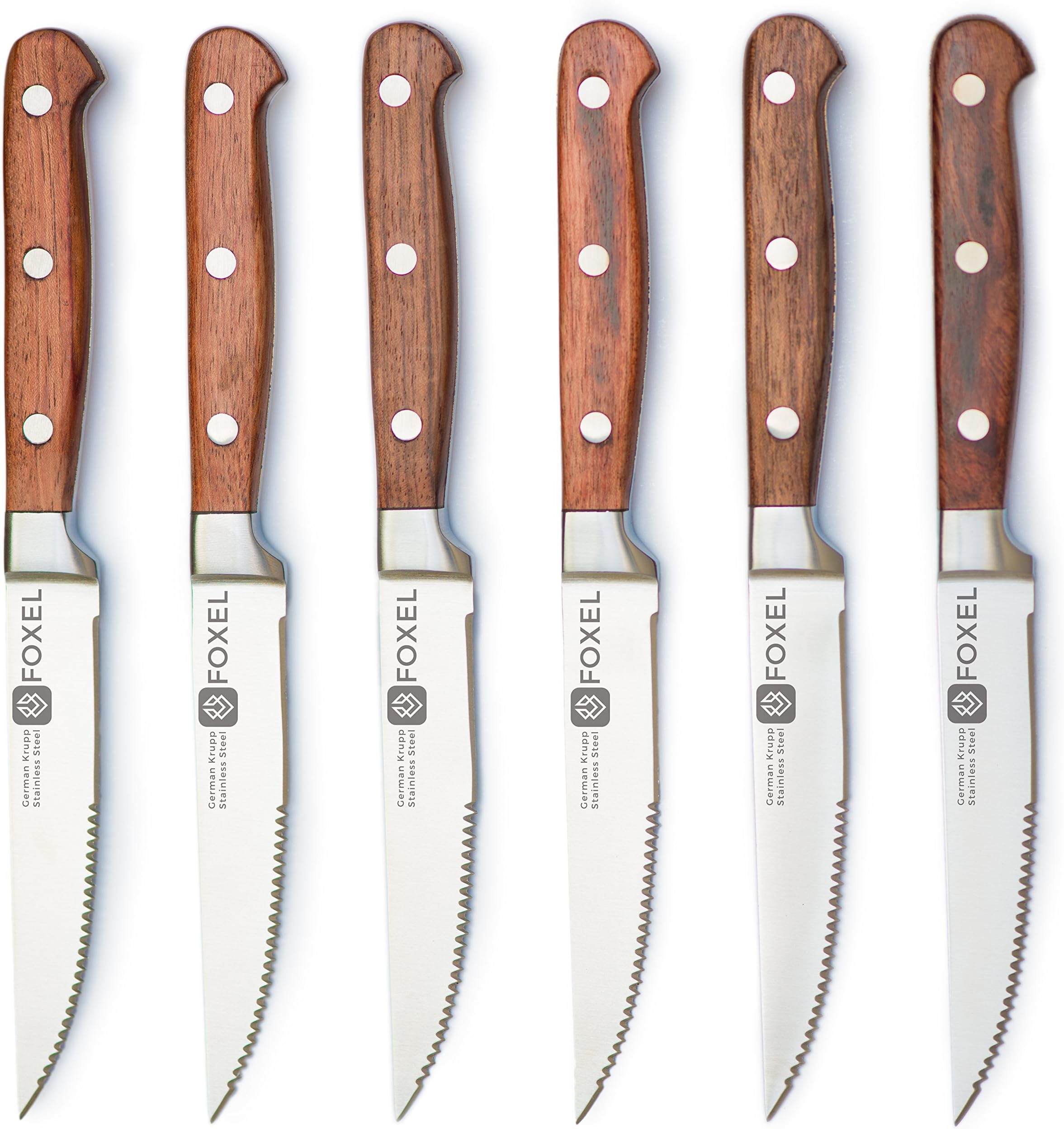 FOXEL Premium Rustic Rosewood Handle Steak Knife Set Gift Box, Sharp Rust-Proof German Stainless Steel Serrated Blade, Perfect Gourmet Cutlery Gift