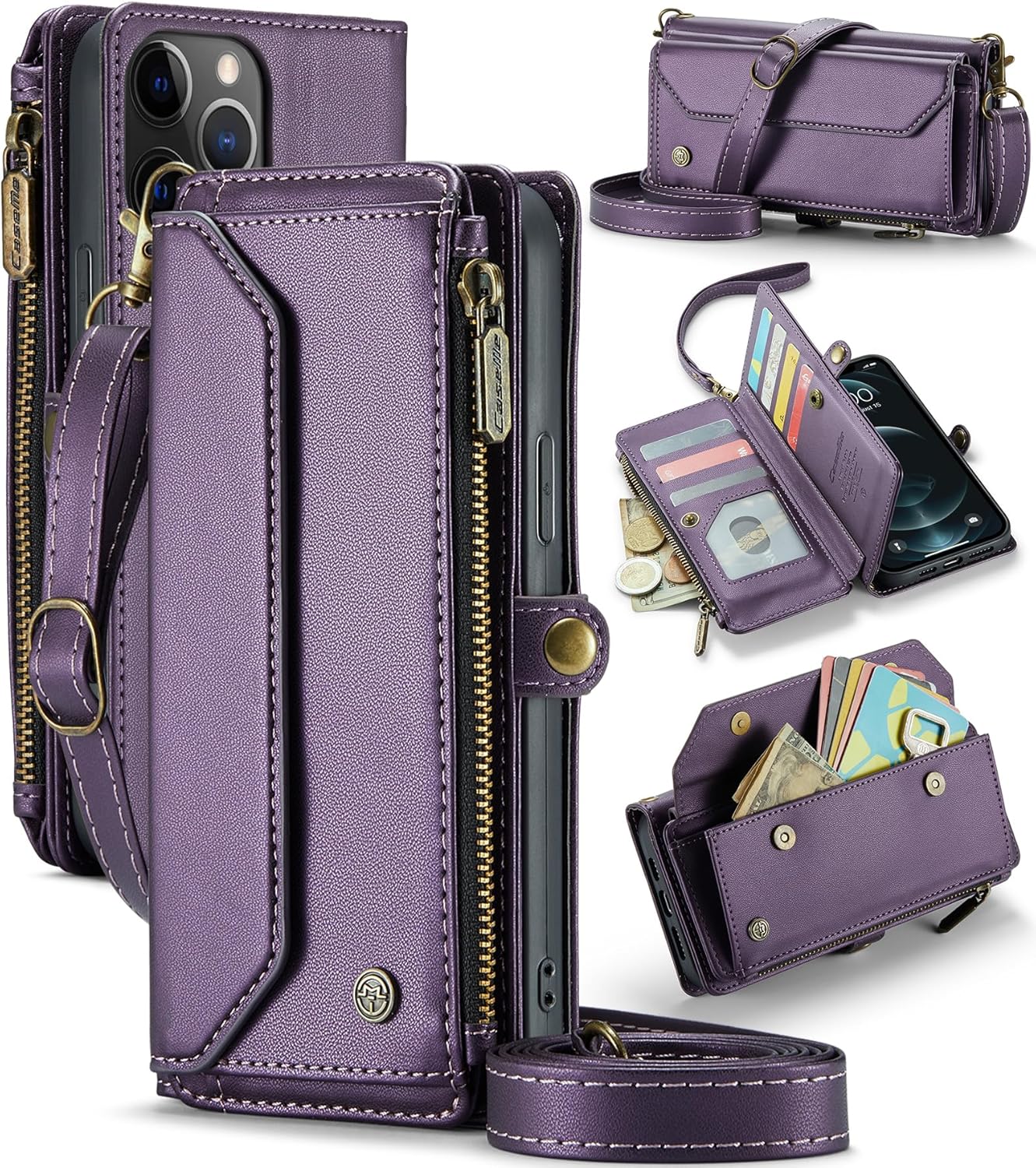 Wallet Case Compatible with iPhone 12 Pro Max 6.7" RFID Blocking 10-Card Holder PU Leather Magnetic Snap Shoulder Strap Zipper Pocket Phone Case Fit for iPhone 12 Pro Max (Purple)
