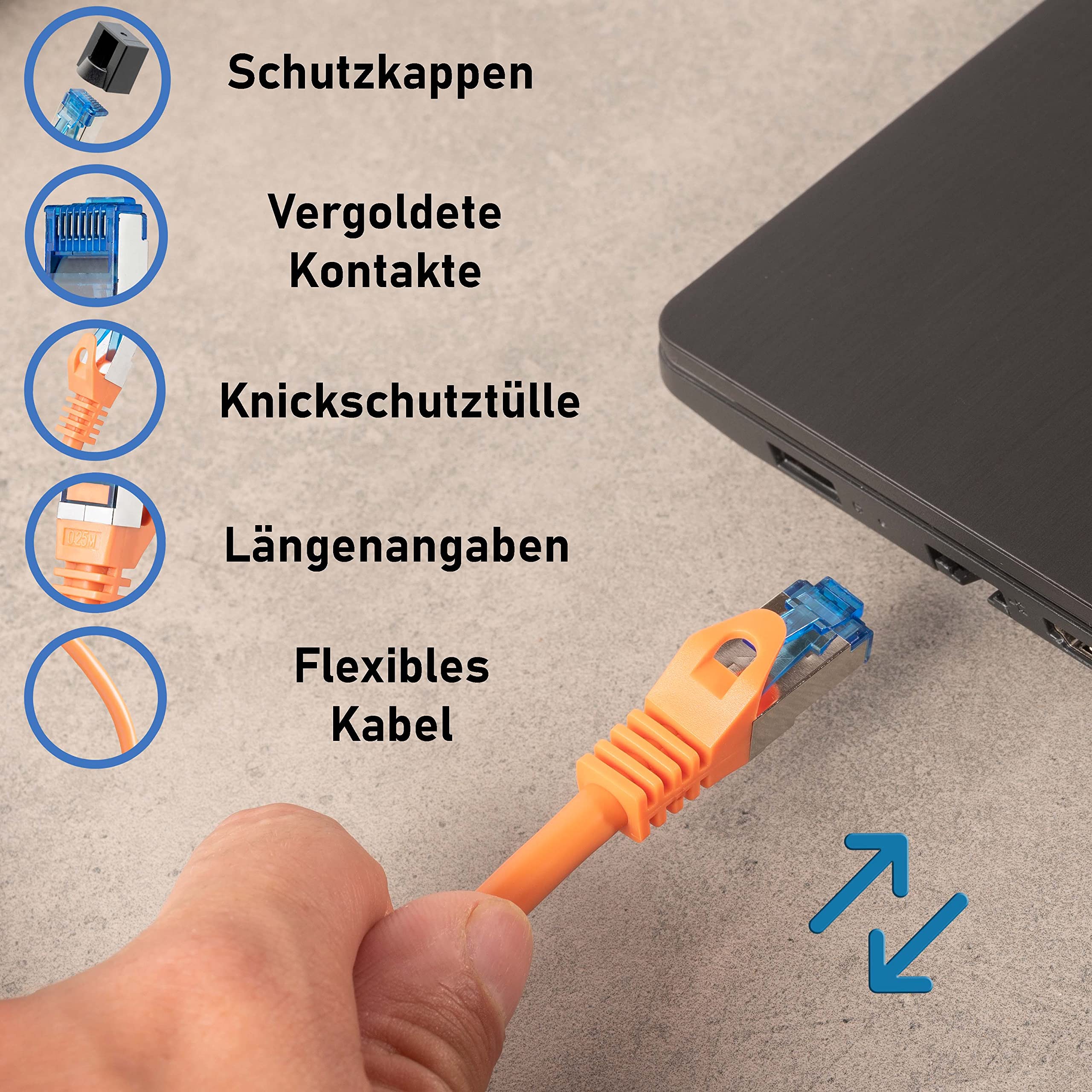 Image secondaire de BIGtec cable ethernet 2 pièces - 2m CAT 7 cable rj45 LAN câble internet gigabit CAT7 Câble réseau orange