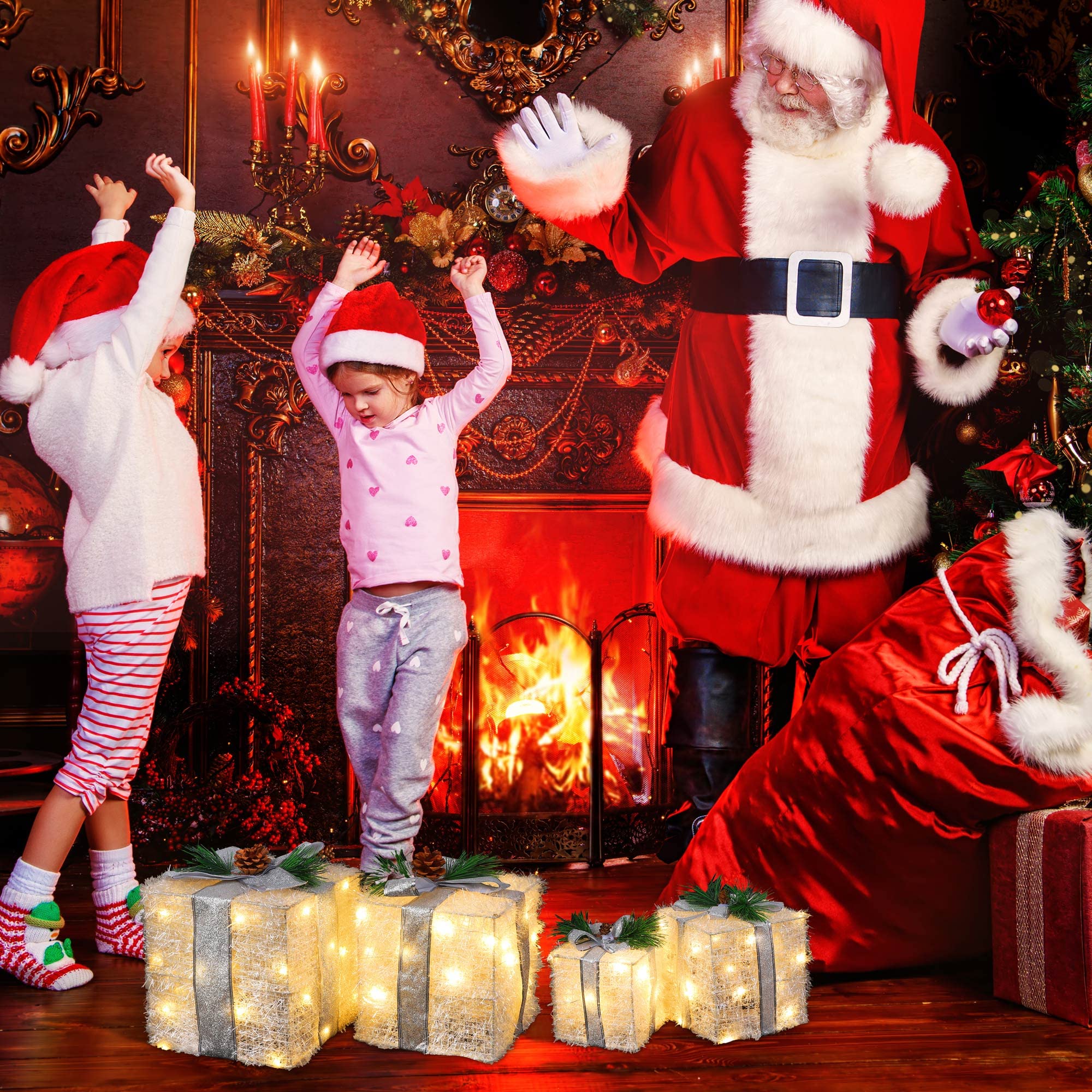 Fovths Set of 4 Christmas Lighted Gift Boxes Christmas Boxes with 80 LED Light String Indoor Outdoor Present Boxes Ornaments for Christmas Decoration, White, 5.1/5.9/6.7/7.48 Inches