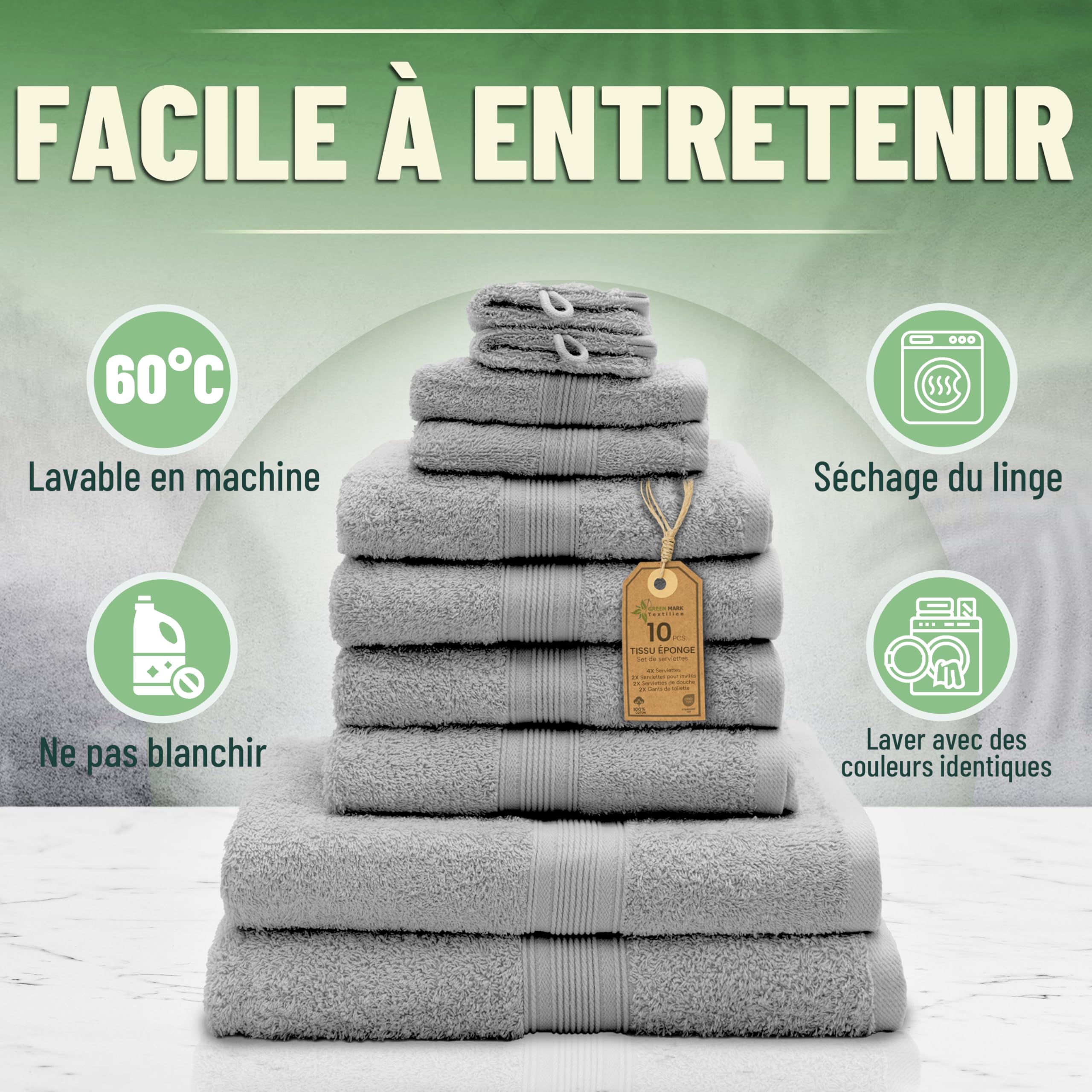Green Mark Lot de 10 Serviettes 100% Coton – 4 de Main 50×100, 2 de Douche 70×140, 2 d’invités 30×50 et 2 Gants de Bain - Gris Argenté