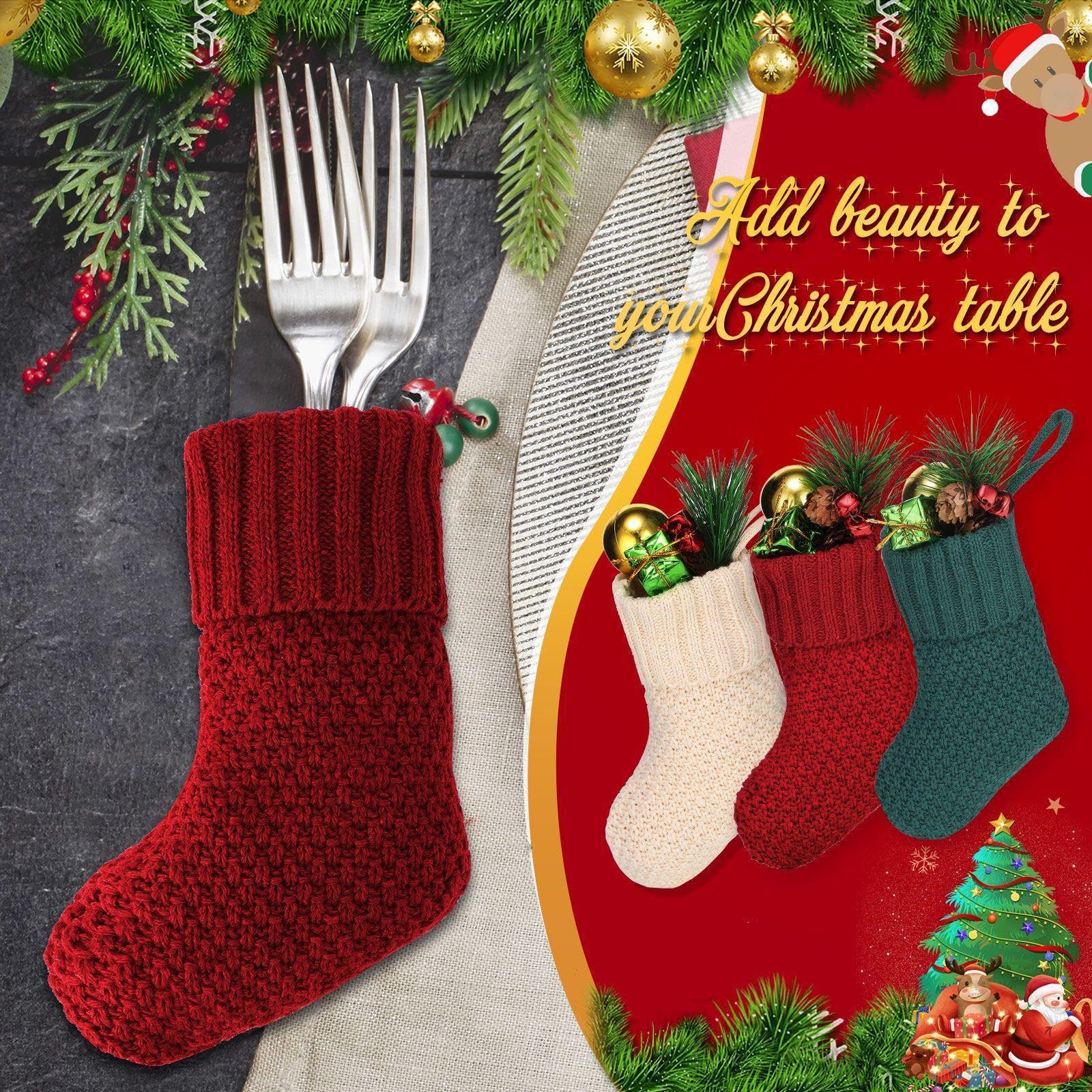 Zubebe 24 Stück 17,8 cm gestrickte Weihnachtsstrümpfe Weihnachtsstrümpfe rustikale Strumpfdekorationen Strick Bauernhaus Zopfstrick Weihnachtsstrumpf hängende Weihnachtsbaum Ornament (Burgunderrot,