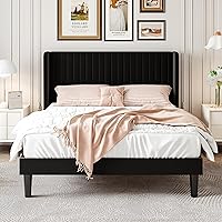 Vista 3 de SHA CERLIN Base de cama de terciopelo tamaño Queen con cabecera capitoné de canal vertical, plataforma tapizada con listones de madera, no necesita