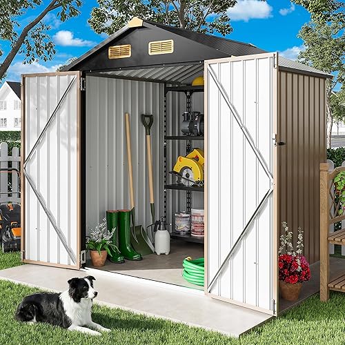 IRONCK 5.7x5.7FT Outdoor Storage Shed, Metal Garden Tool Shed with Breathable Vent and Lockable Doors, Outside Storage for Backyard, Poolside, Patio, Brown