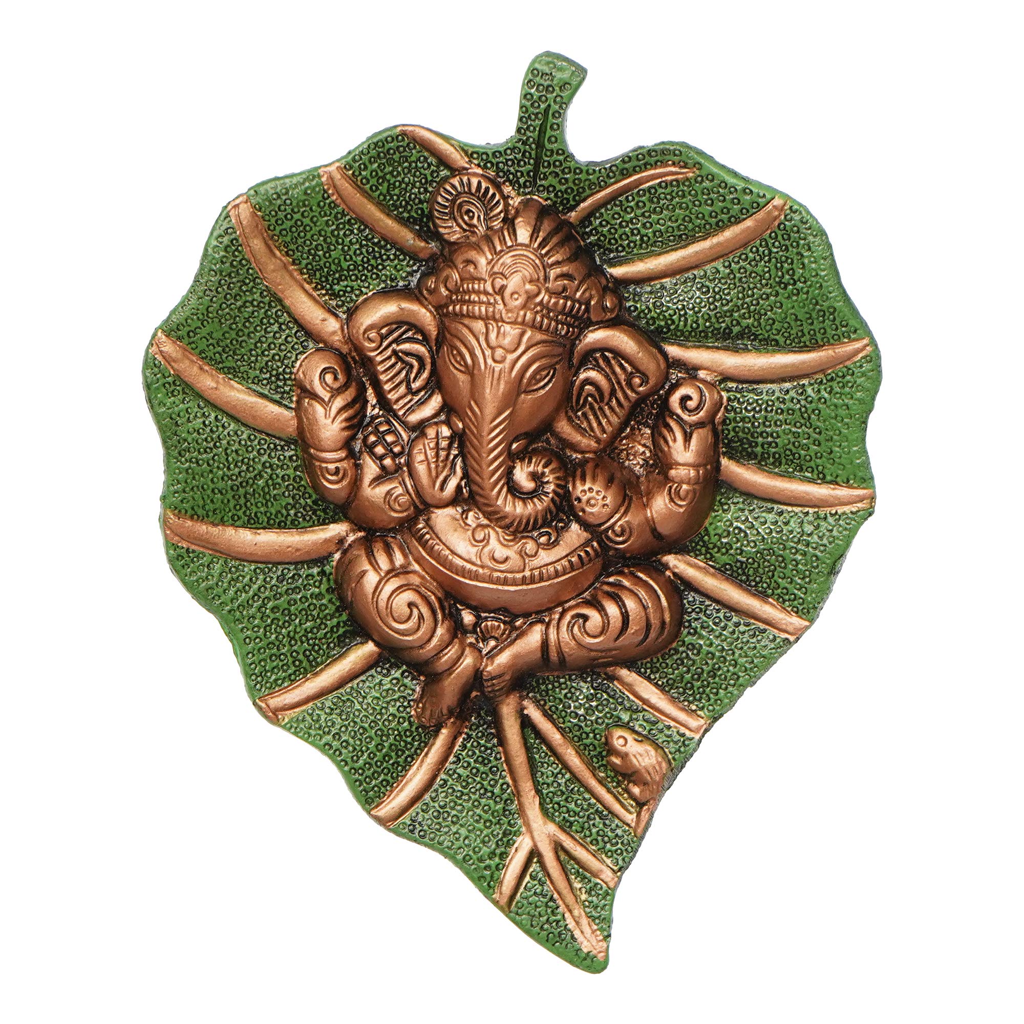 eCraftIndia Metal Brown Lord Ganesha Idol On Green Leaf Ganesha Wall Hanging Decorative Showpiece for Wall Decor- Diwali Decoration Items for Home Decor- Gift for Diwali Ganesh Chaturthi Housewarming 1