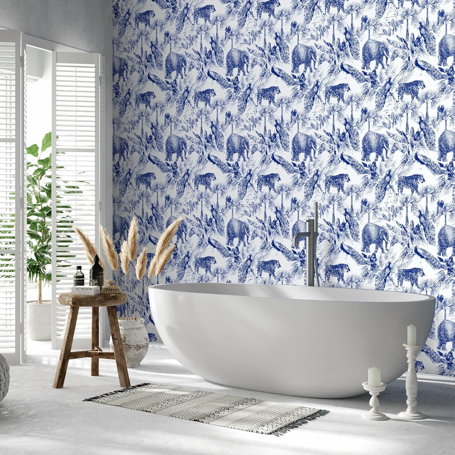 VaryStyle Tropical Jungle Wallpaper Blue/White Linear Safari Animal Peel and Stick Wallpaper Wild Animal Print Contact Paper 17.7"x118" Removable Thick Vinyl Wall Paper for Bathroom Kids Room Cabinets