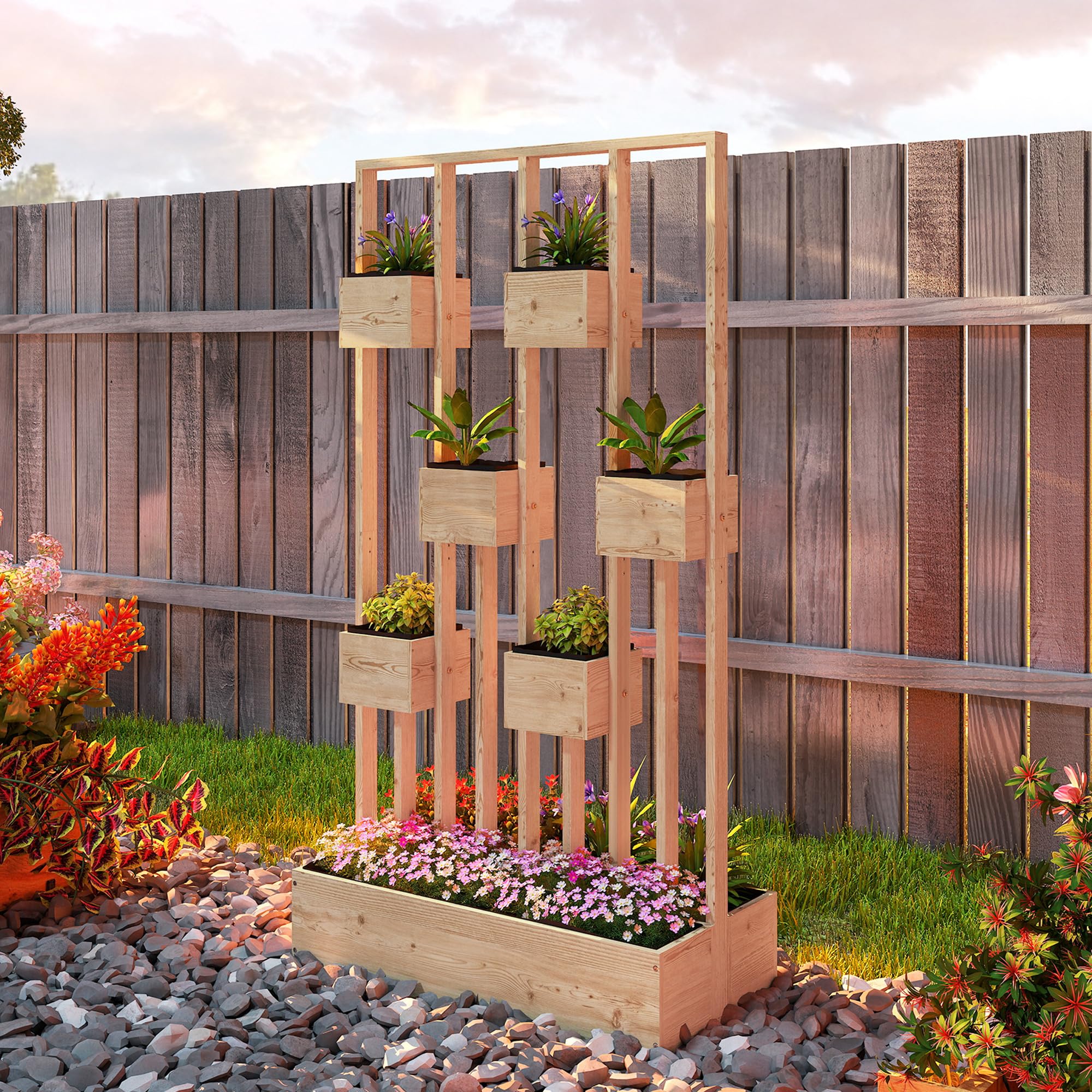 Outsunny Hochbeet mit Rankgitter Körbe Holz 90 x 45 x 170 cm Naturholz | Pflanzkübel, Pflanzkasten, Blumenkasten, für Garten Balkon Terrasse, Blumenkübel für Kletterpflanzen Korbpflanzen, Blumen