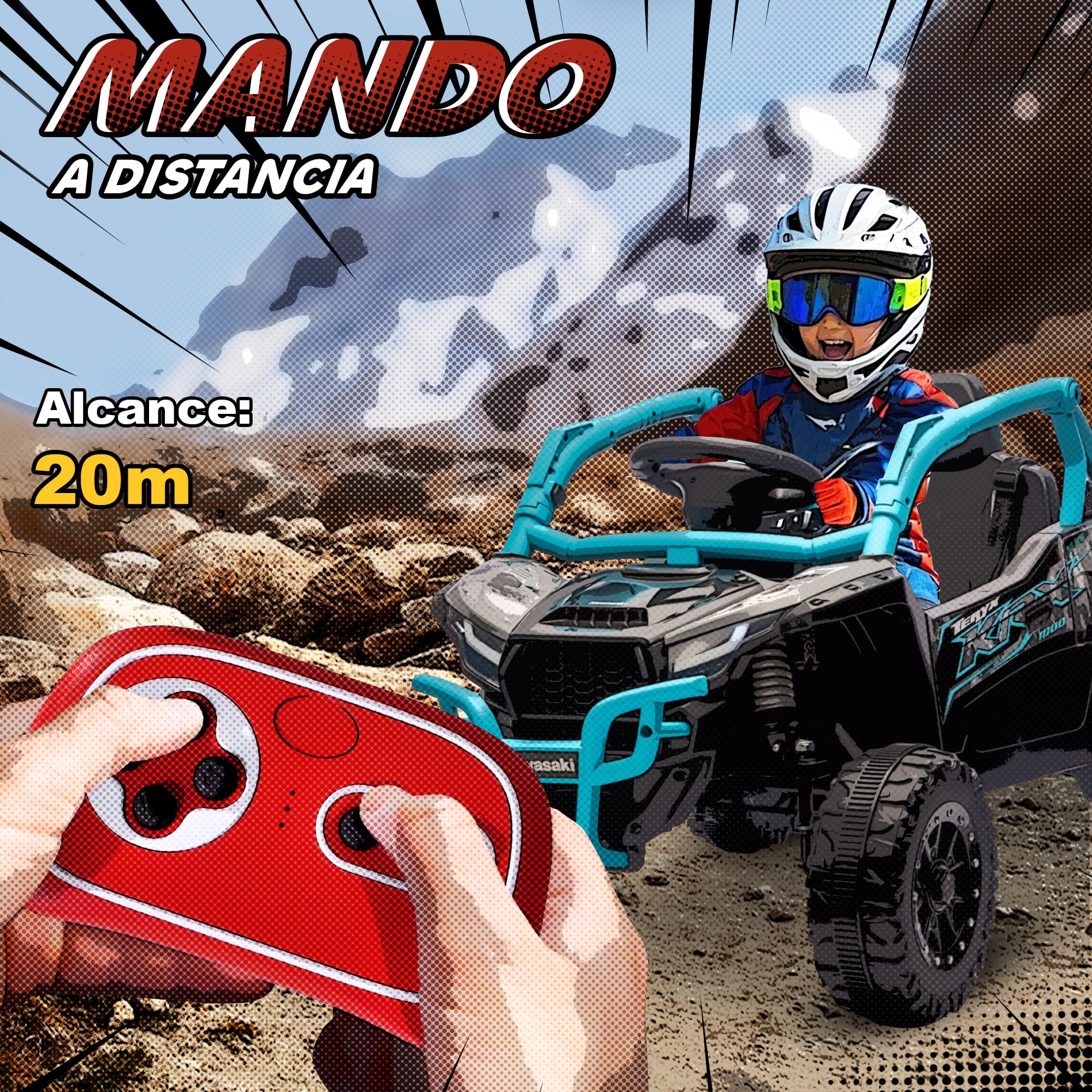 AIYAPLAY Coche Eléctrico para Niños 12V Kawasaki Teryx KRX 1000 UTV con 2 Motores Control Remoto 2,4G Azul