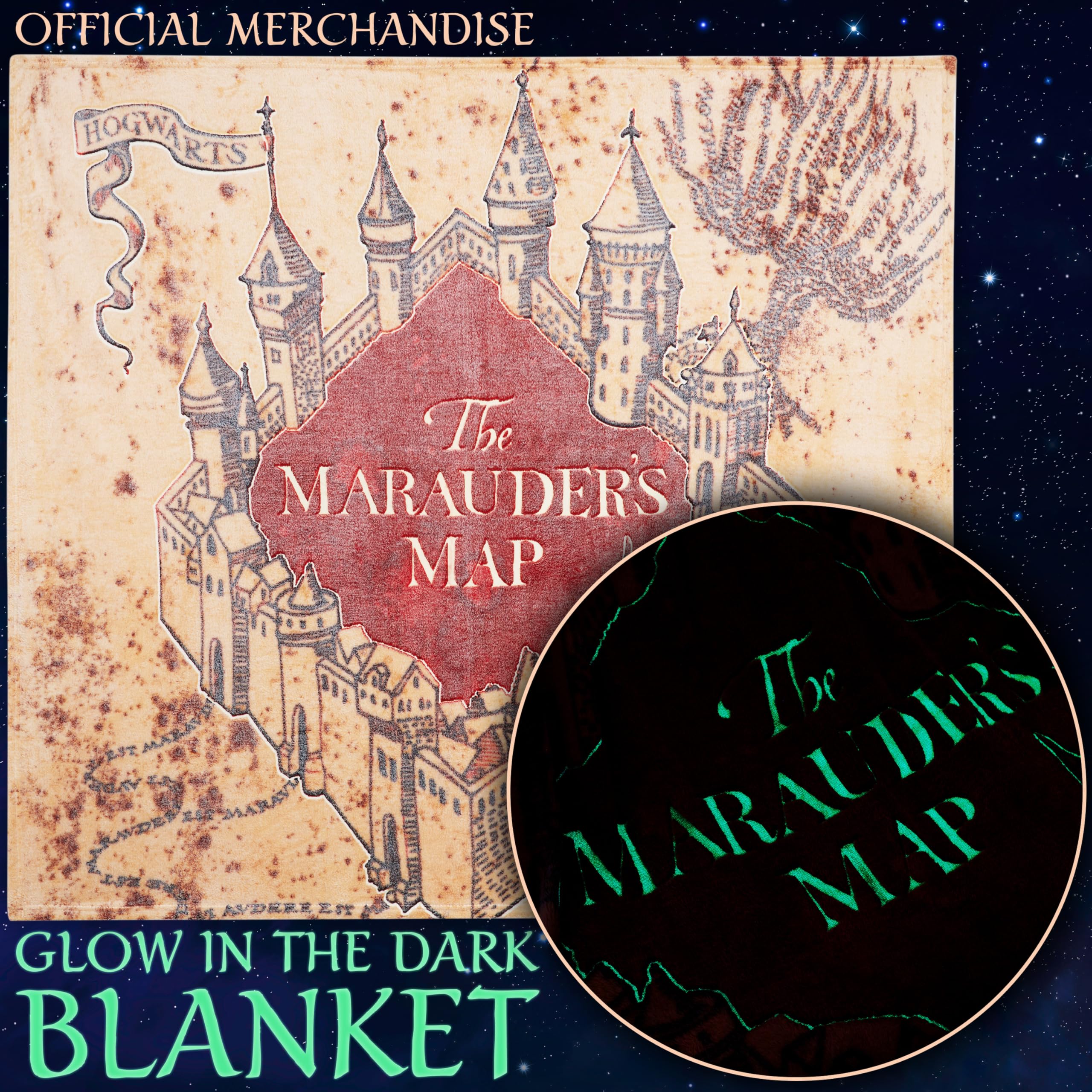 Harry Potter Coperta Che Si Illumina al Buio 130x150cm, Marauder’s Map Coperta Plaid Pile Morbide per Divano e Letto, Si Illumina Dopo 10-30 Minuti, Idea Regalo