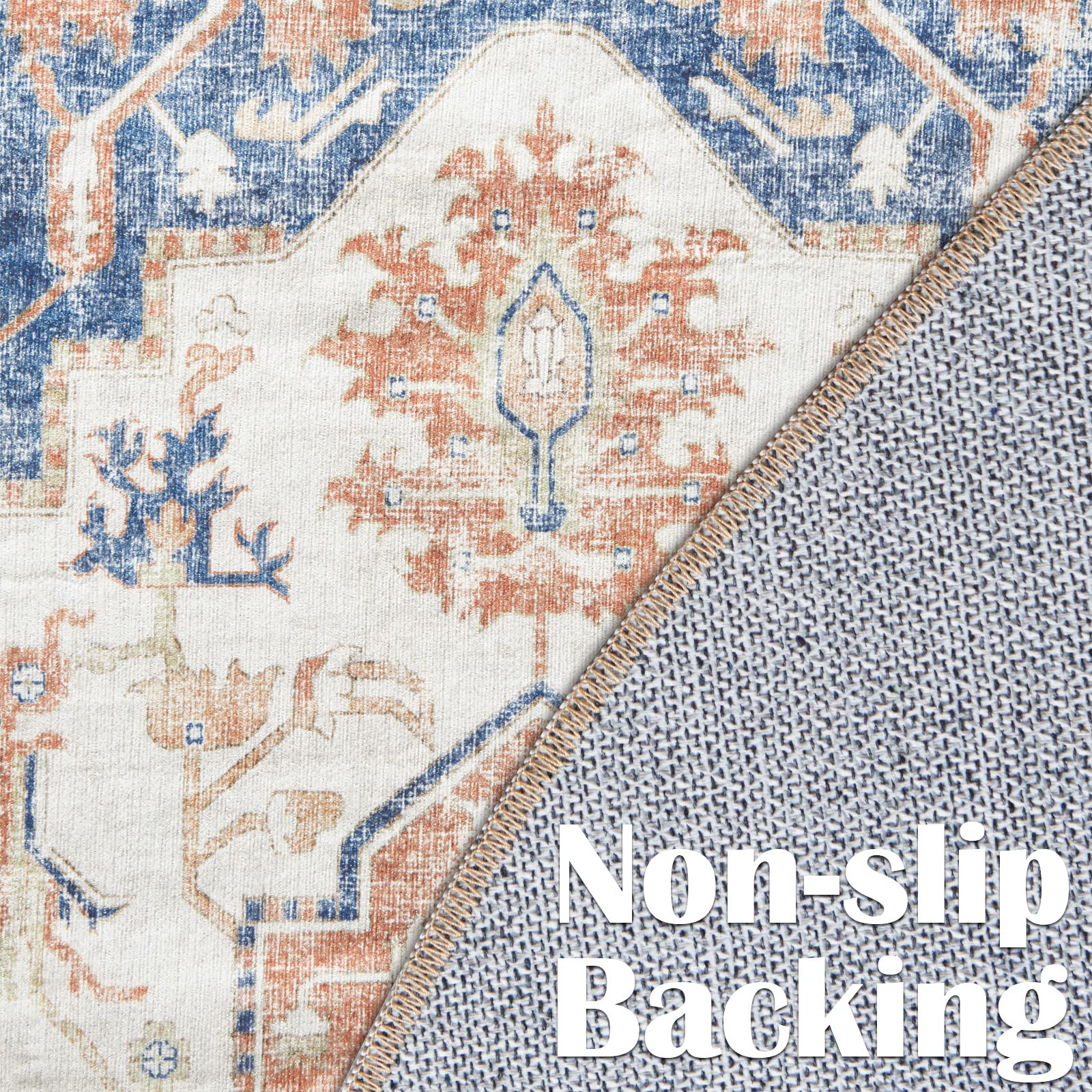 TOPICK Round Rug 150cm Machine Washable Vintage Rug Orange Multi Carpet Thin Non Slip Circle Carpet for Kitchen Living Room Bedroom Dining Room Hall - Image 4
