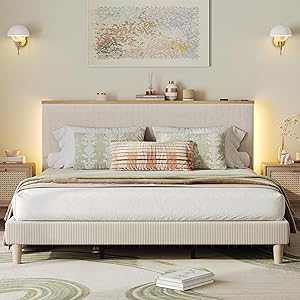 Bestier King Bed Frame with Adjustable Headboard & LED Lighting, Corduroy Upholstered Platform Bed Frame with Storage Shelf, Solid Wood Slats, No Box Spring Needed, Never Squeak, Easy Assemb