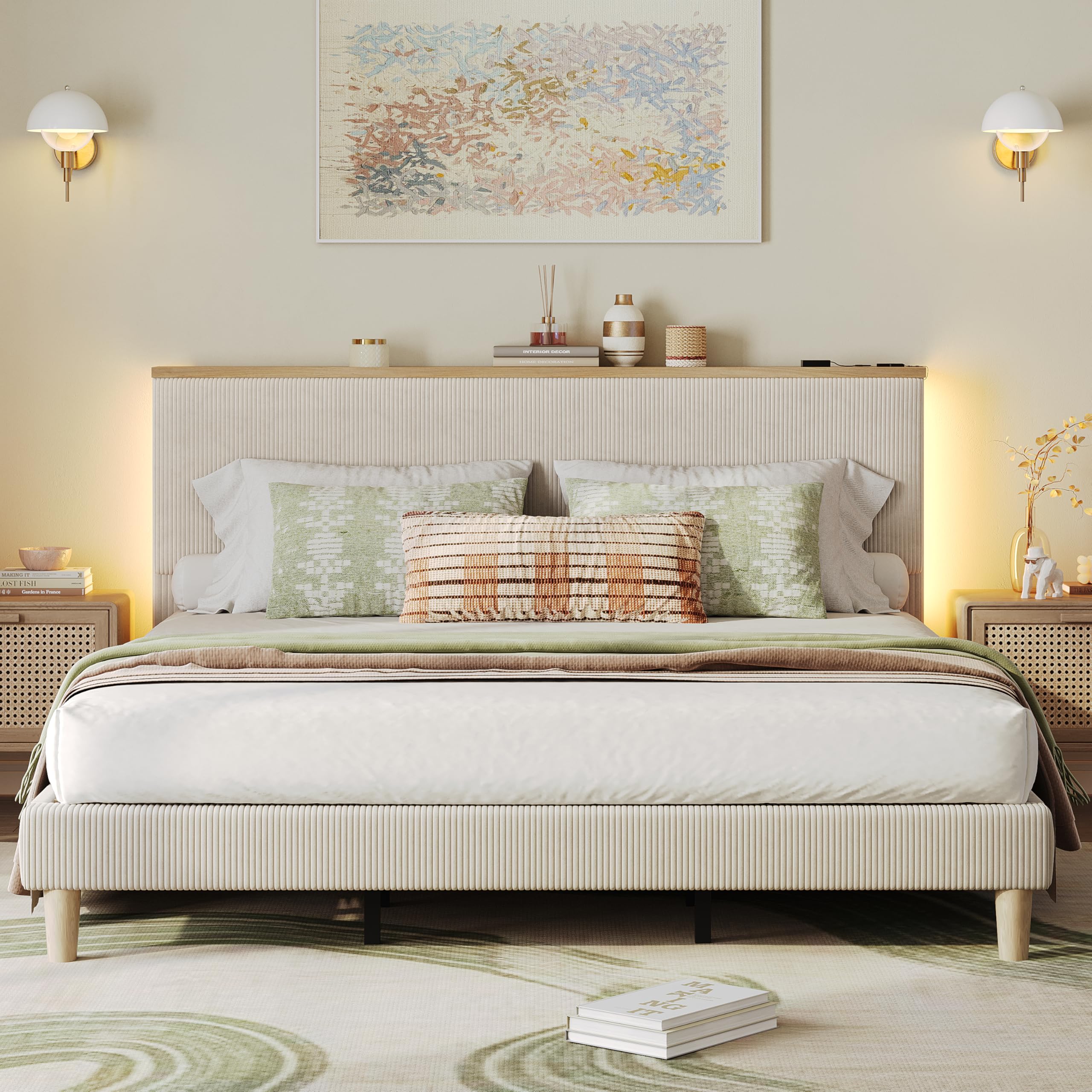 Bestier King Bed Frame with Adjustable Headboard & LED Lighting, Corduroy Upholstered Platform Bed Frame with Storage Shelf, Solid Wood Slats, No Box