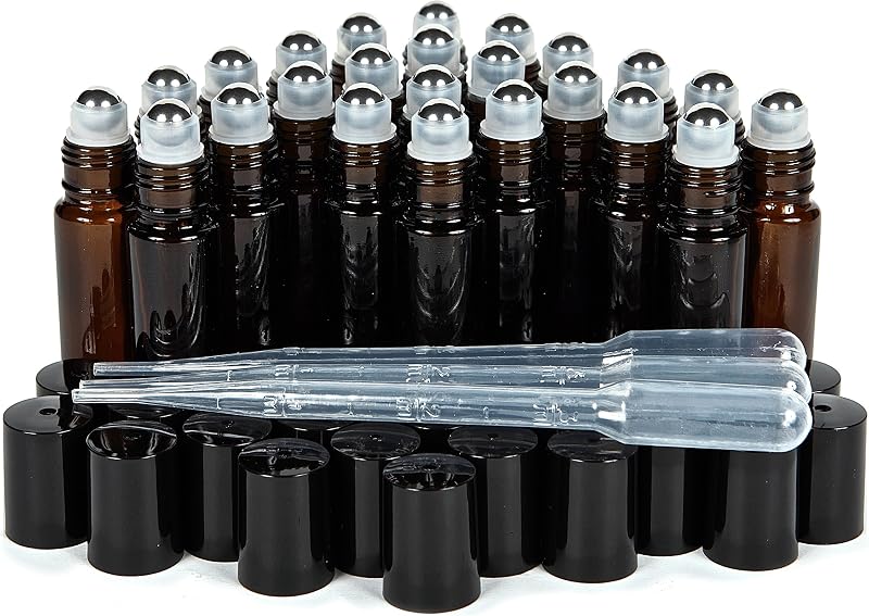 Vivaplex Frascos de vidro âmbar de 10 mL com esferas aplicadoras de aço inoxidável, pacote com 24