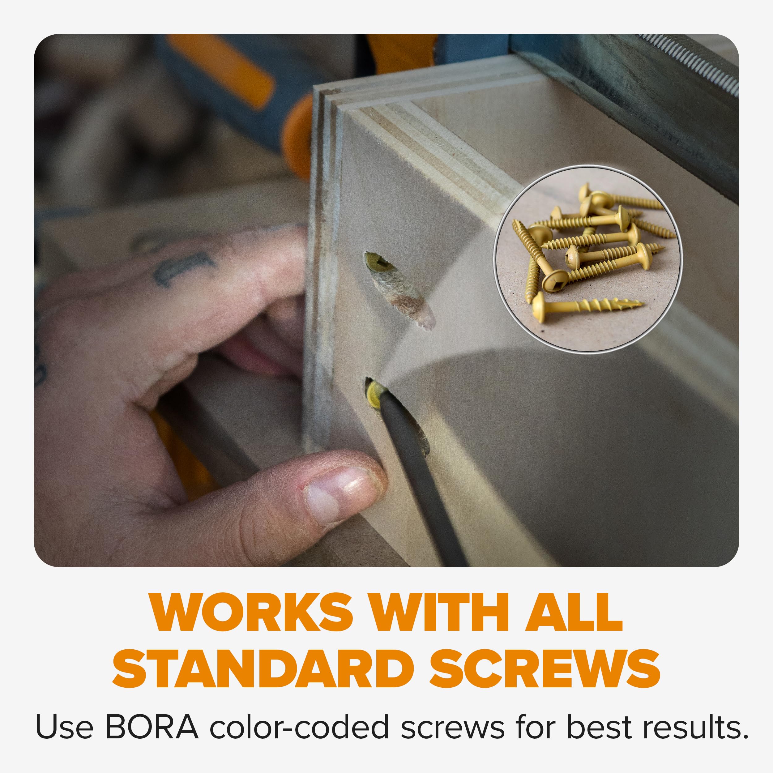 BORA Plantilla automática de agujero de bolsillo con 50 tornillos recubiertos de color, guía de taladro de ajuste automático, kit de plantilla de agujero de bolsillo para carpintería, para materiales