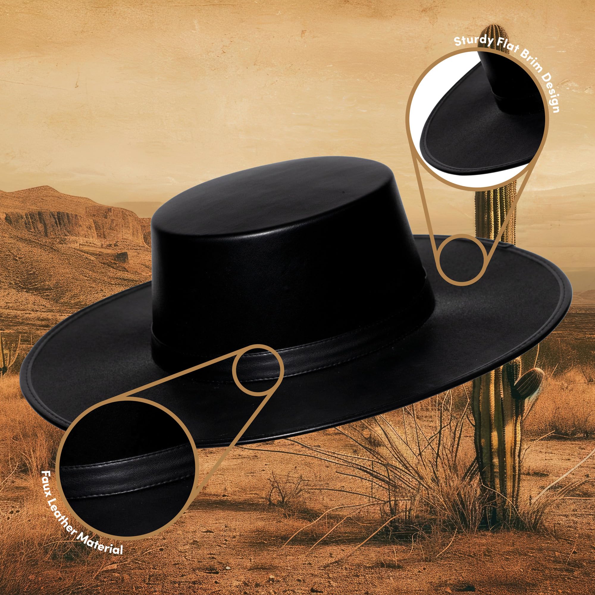 Black Faux Leather Flat Brim Hat Adult Costume Accessory