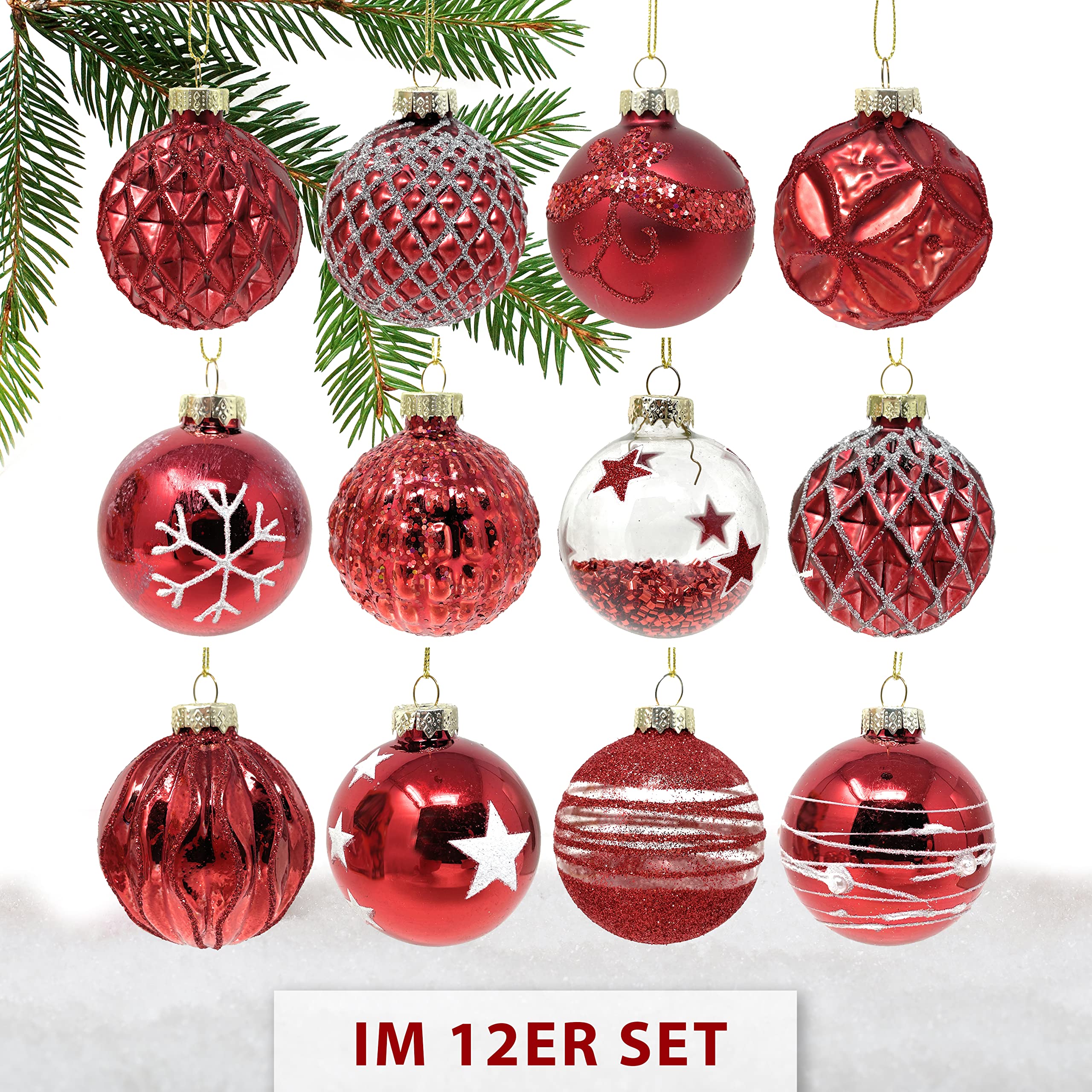 Weihnachtsbaumkugeln Rot aus Glas 12er Set - Moderne Weihnachtskugeln handbearbeitet | Wunderschöner Christbaumschmuck gemischt 6cm