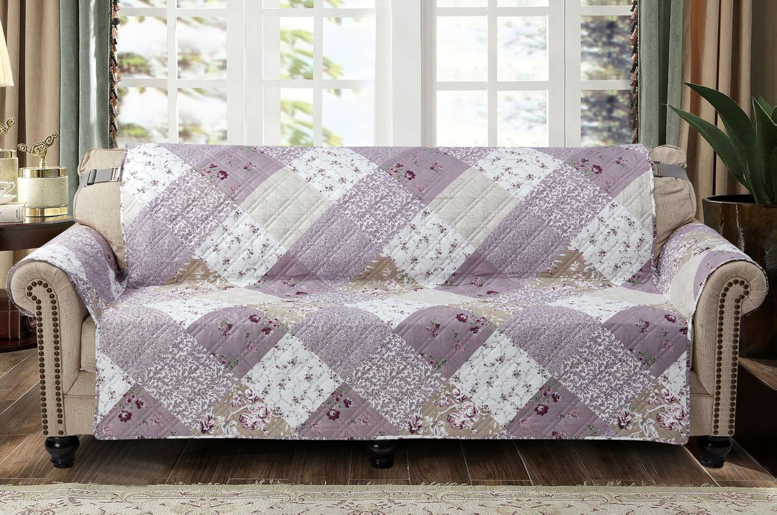 Lilac and Beige Rose Patchwork Couch Cover, Quilted X-Large Sofa Slipcover, 78" Seat Width, Slip Resistant Furniture Protector, 2" Strap, Washable Couch Cover for Kids, Dogs, Lilac