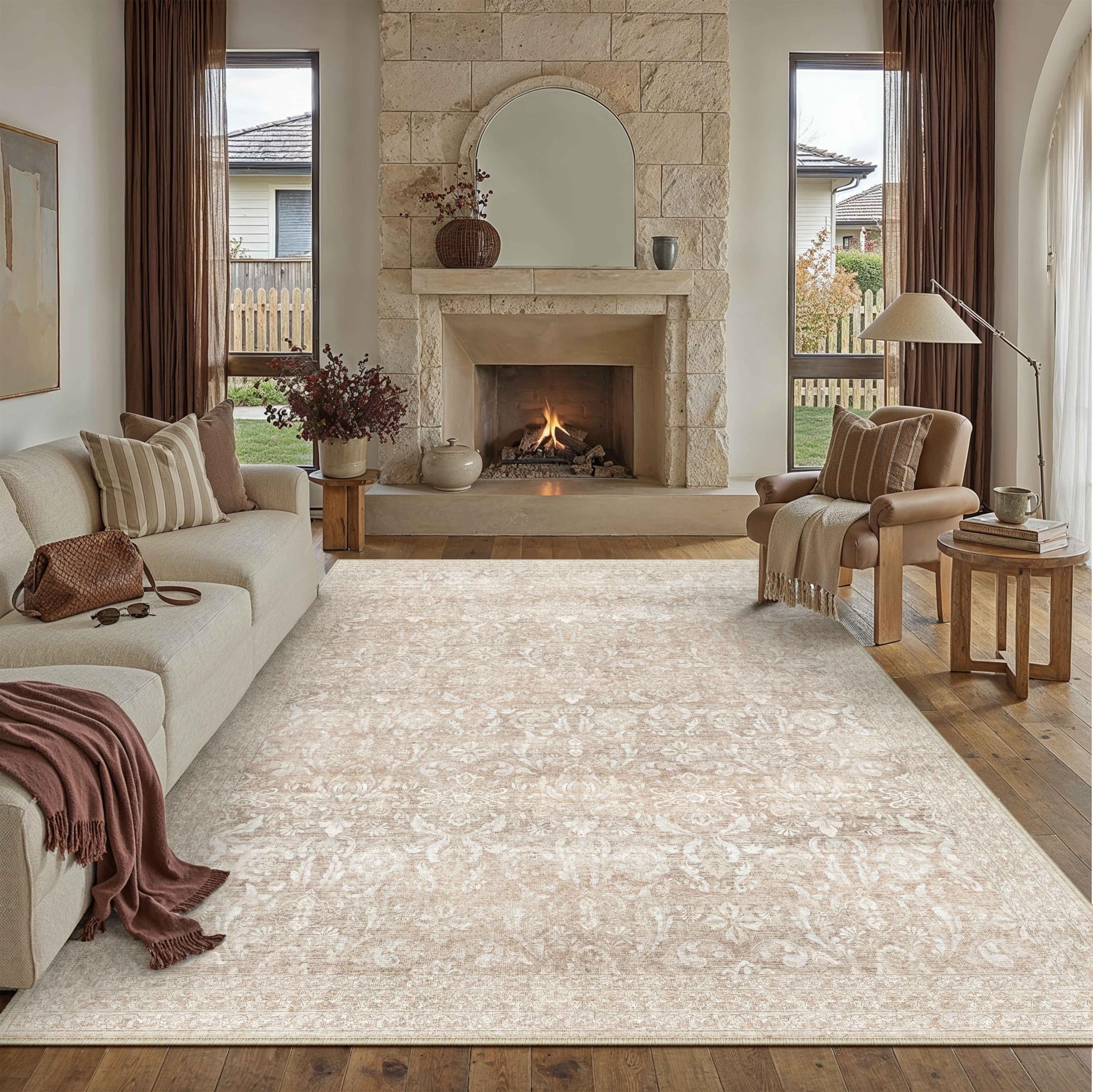 purecozy 8x10 area rug washable vintage living room bedroom carpet indoor large non slip soft low pile thin beige rug retro accent throw office dining room