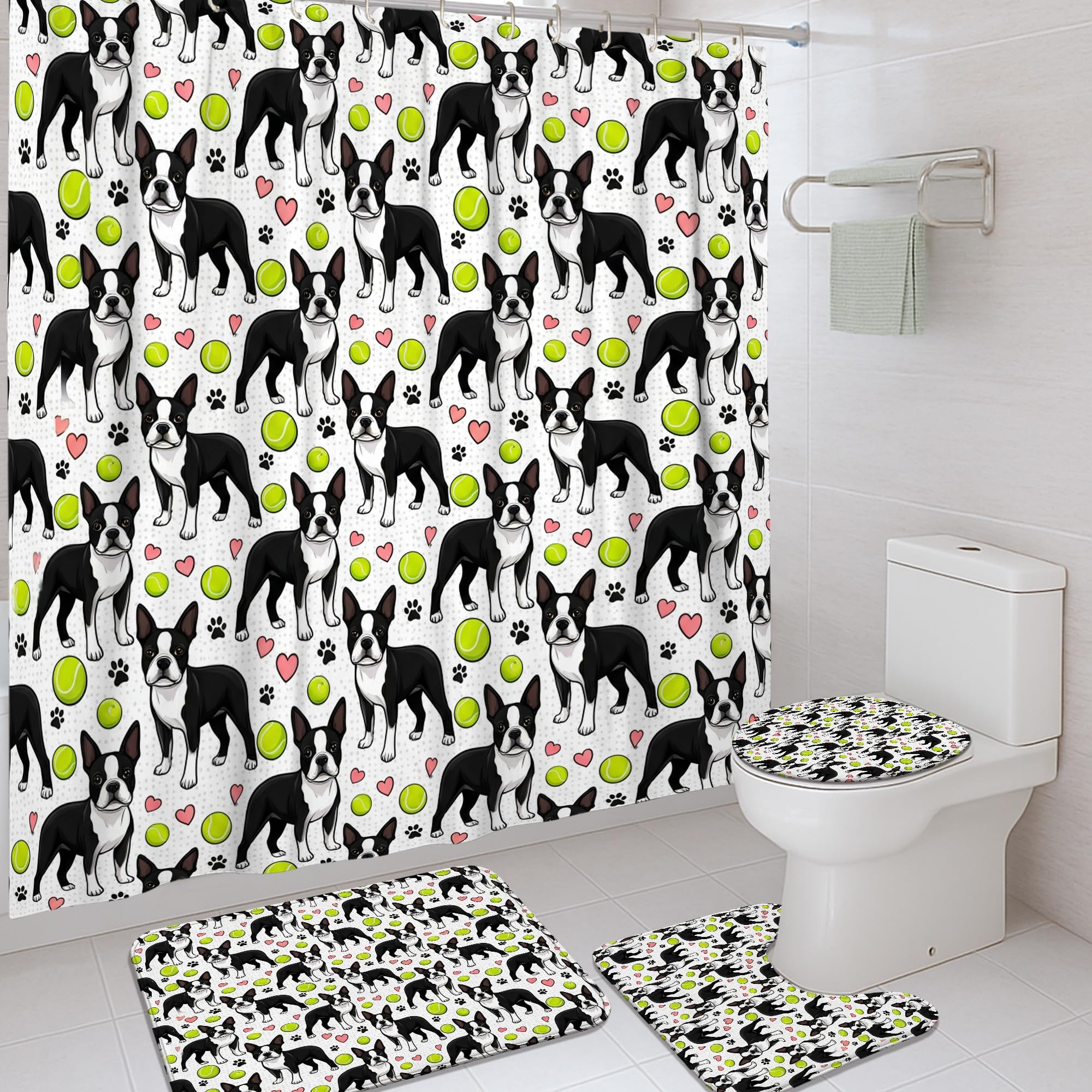 Rideau de douche Boston Terrier noir lavable 183 cm avec crochets pour baignoire