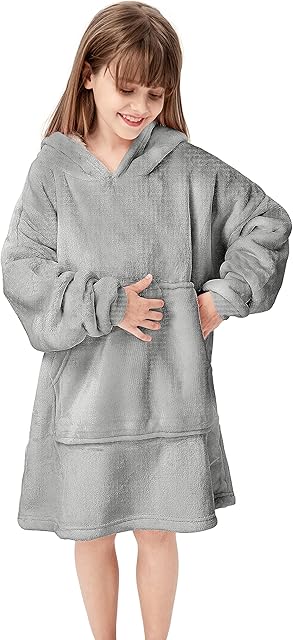 DmgicPro Wearable Blanket Hoodie for Kids, Oversized Sherpa Blanket Sweatshirt with Hood Pocket and Sleeves, Super Soft Warm Plush Hooded Blanket for Kids,Grey 5-12YR