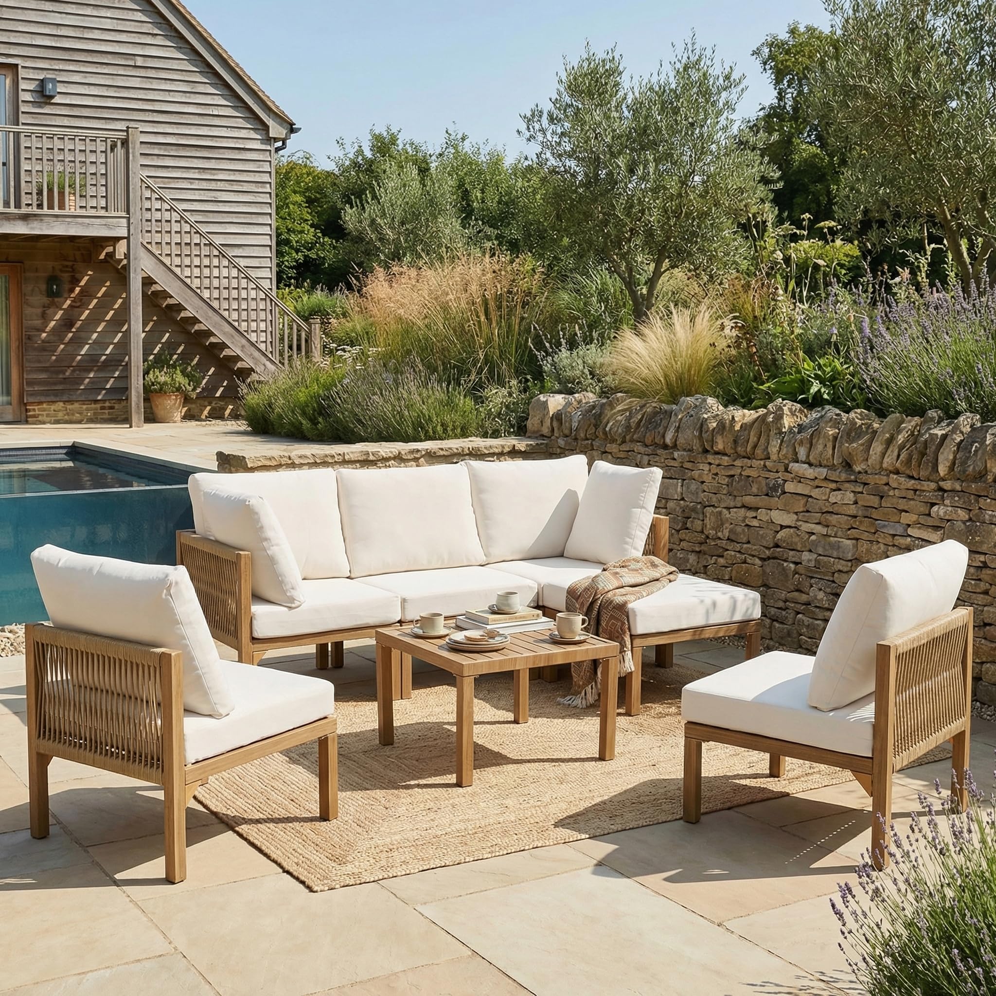 Salon de jardin - Canapé d'angle - Lit relax d'extérieur, table à manger - Peut être transformé en lit allongé - Canapé modulaire - Beige