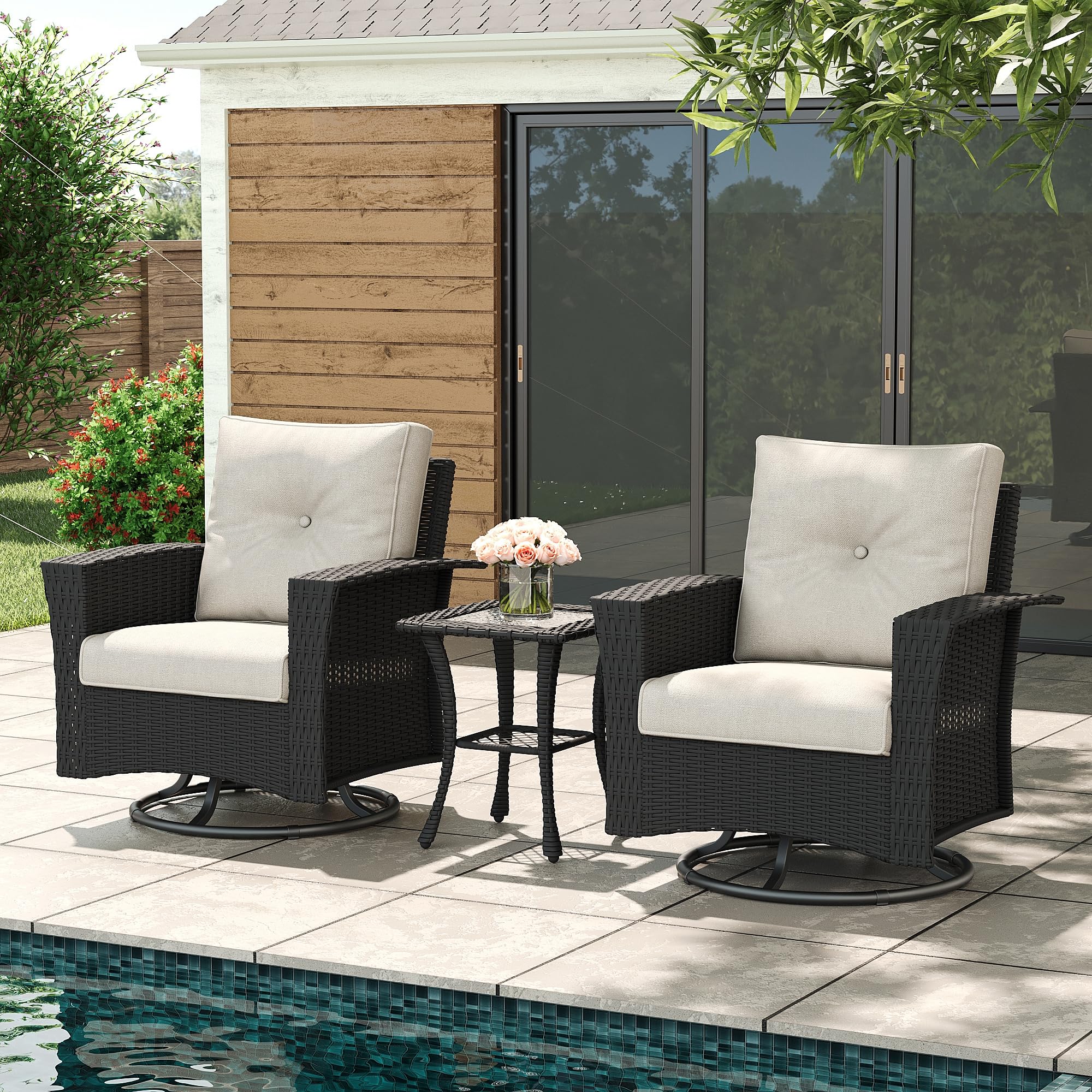 LayinSun 3 Piece Wicker Patio Furniture Set, Classis Outdoor Conversation 360 Degree Swivel Chairs Set with Coffee Table