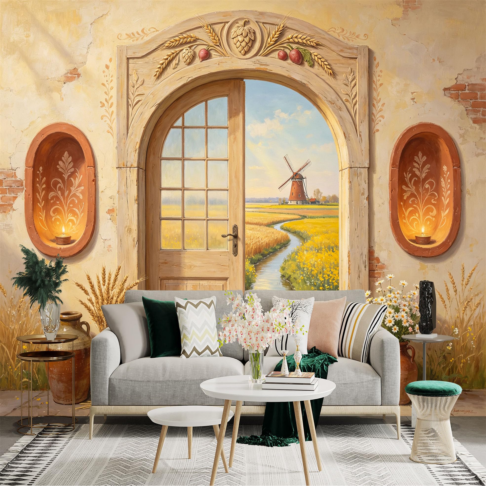 Custom Size Wall Sticker Mural， Rustic Doorway with Windmill， Wheat Field and Countryside Stream， for wall Decoration， peelandstick wall Decals.