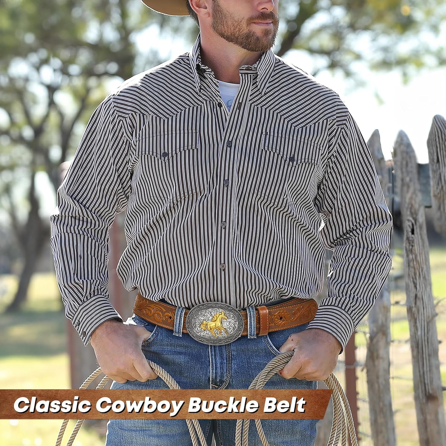 Western Cowboy Belt for Men Women, Country Longhorn-Bull Horse Buckle Embossed Leather Belt for Jeans Gift - Image 5