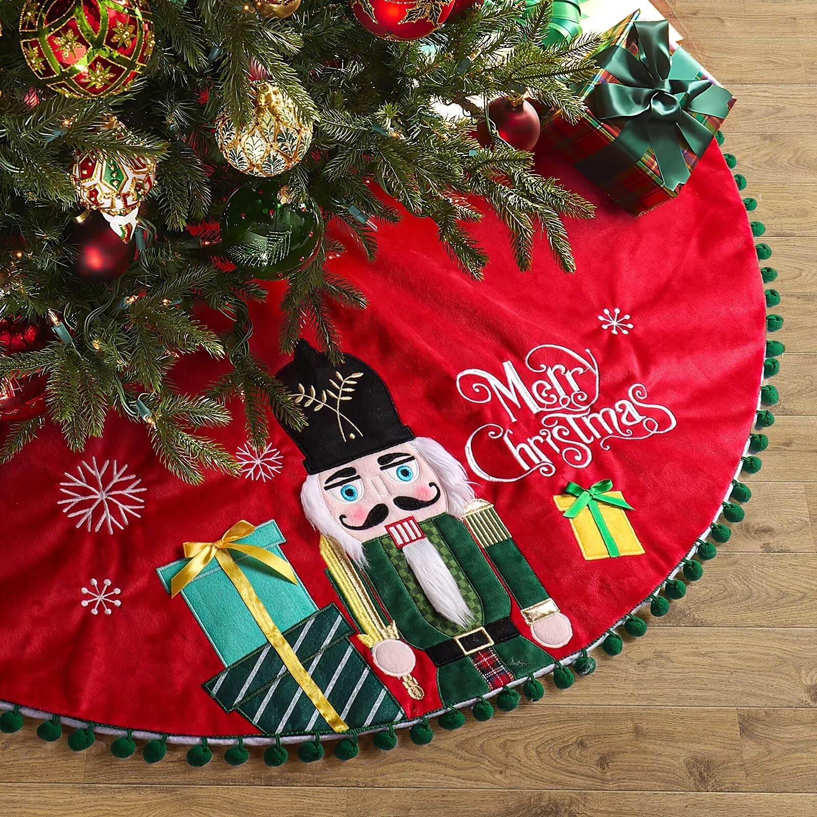 OVEELER Nutcracker Christmas Tree Skirt, 32 Inch Red Soft Xmas Tree Skirt for Holiday Party Indoor Outdoor Decorations