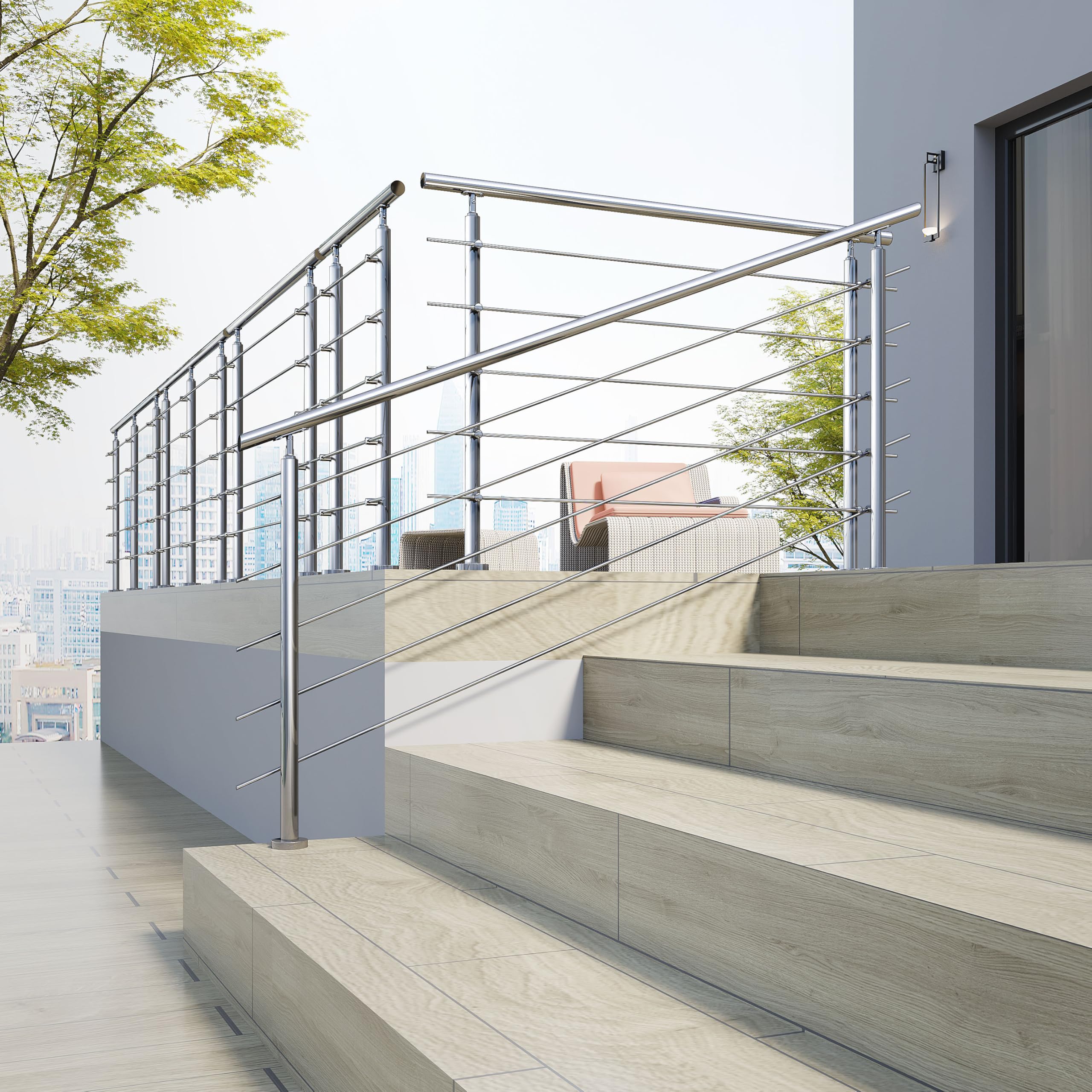 180cm 304 Stainless Steel handrail with 5 crossbars Balustrade Stair/Step for Outdoor and Indoor